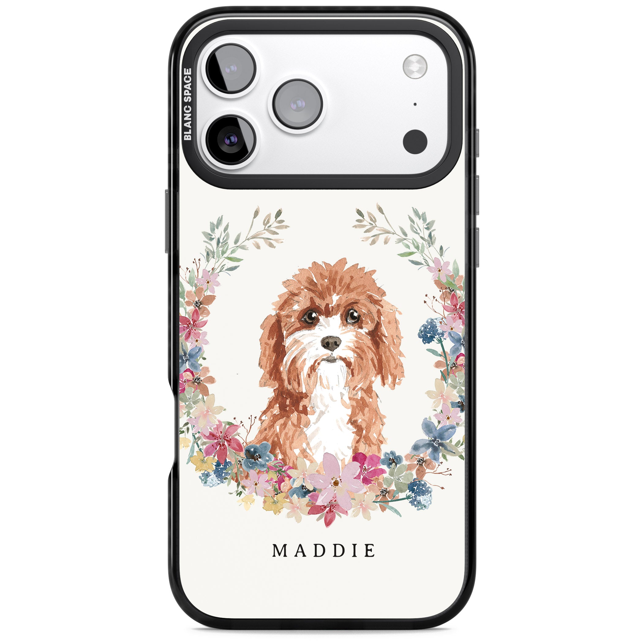 Personalised Cavapoo Floral Portrait iPhone 17 Pro Impact Pro Black Phone Case