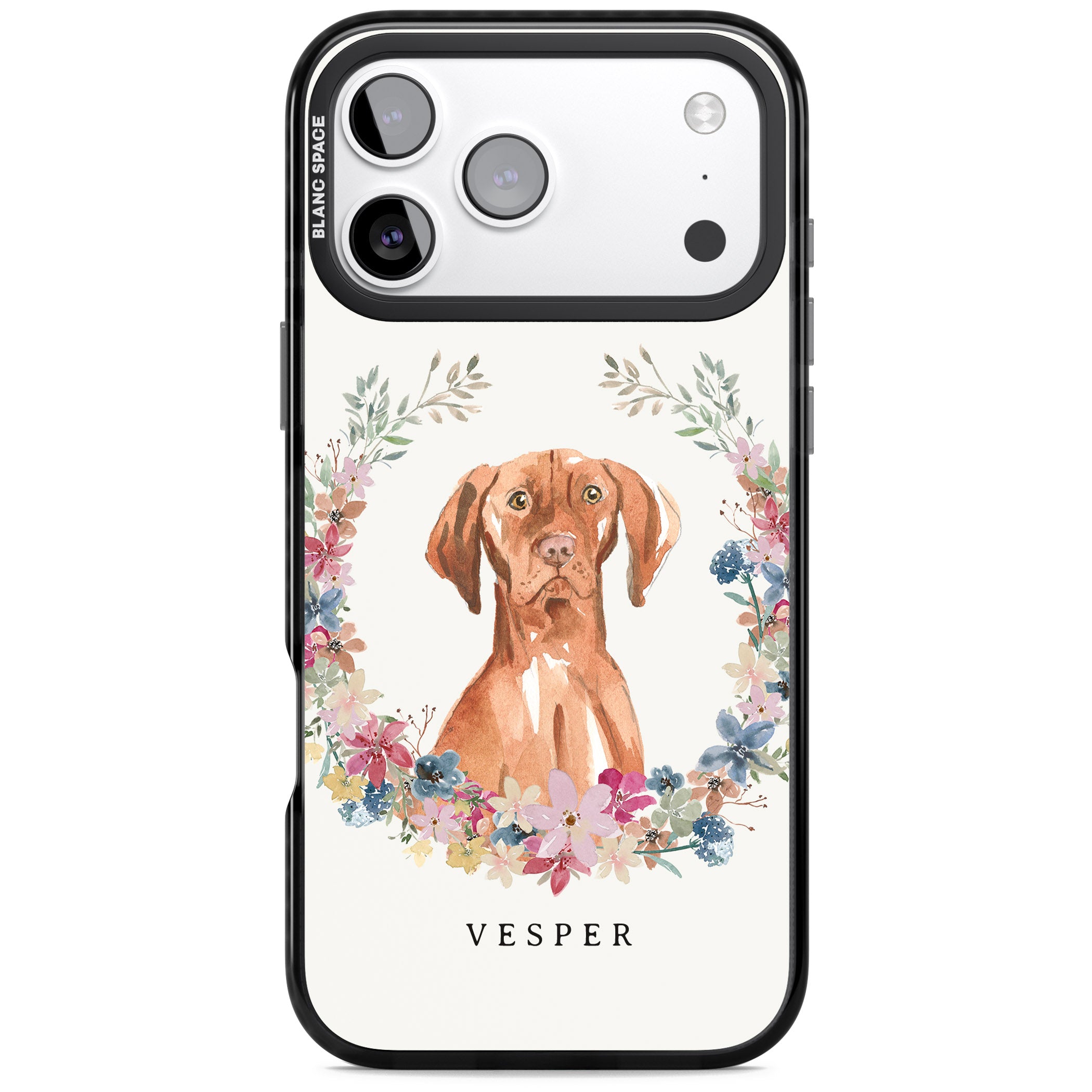 Personalised Hungarian Vizsla Floral Portrait iPhone 17 Pro Impact Pro Black Phone Case