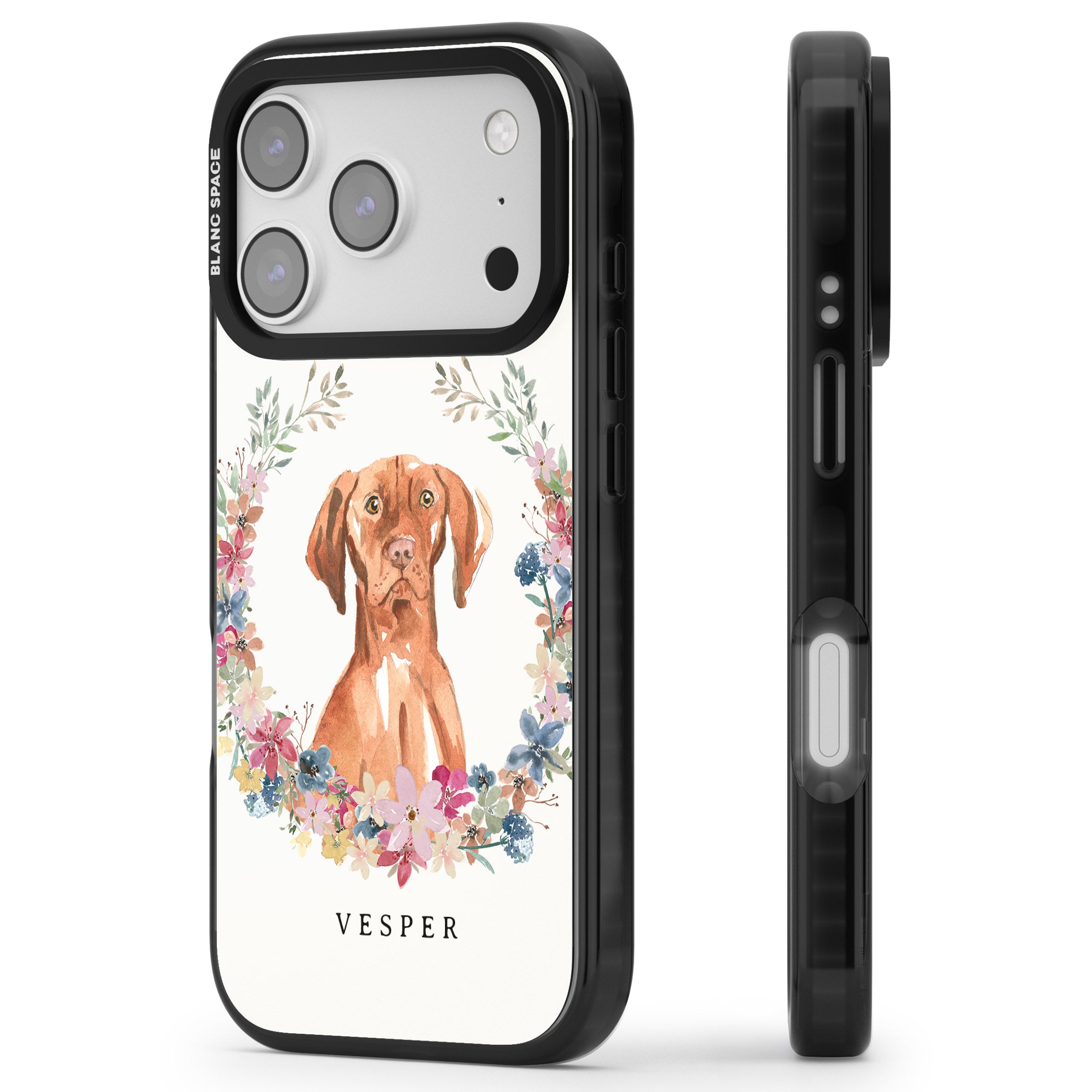 Personalised Hungarian Vizsla Floral Portrait iPhone 17 Pro Impact Pro Black Phone Case Side Profile