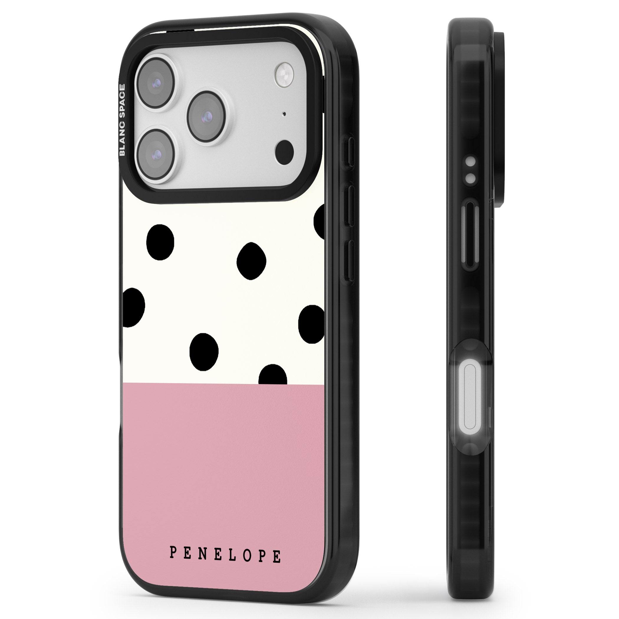 Personalised Pink Border Polka Dot iPhone 17 Pro Impact Pro Black Phone Case Side Profile