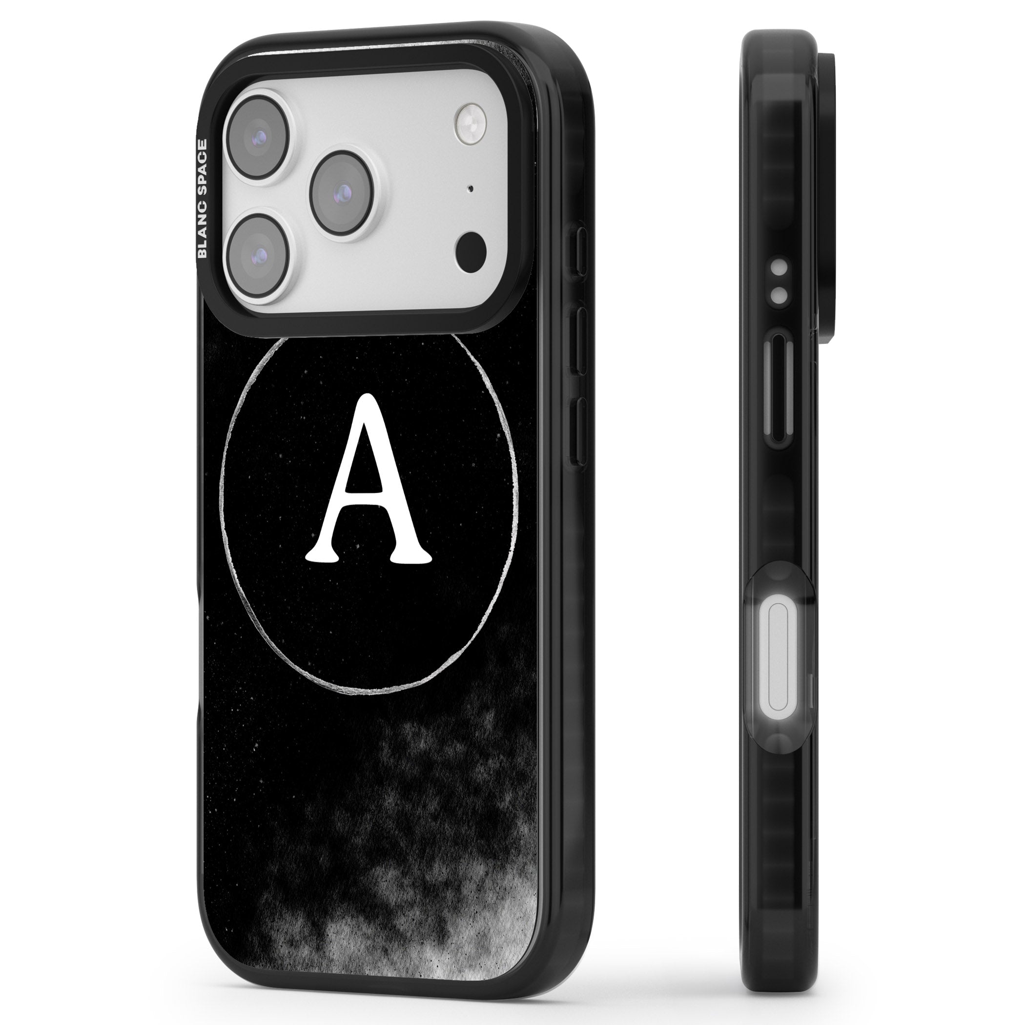 Personalised Monochrome Cosmic Monogram iPhone 17 Pro Impact Pro Black Phone Case Side Profile