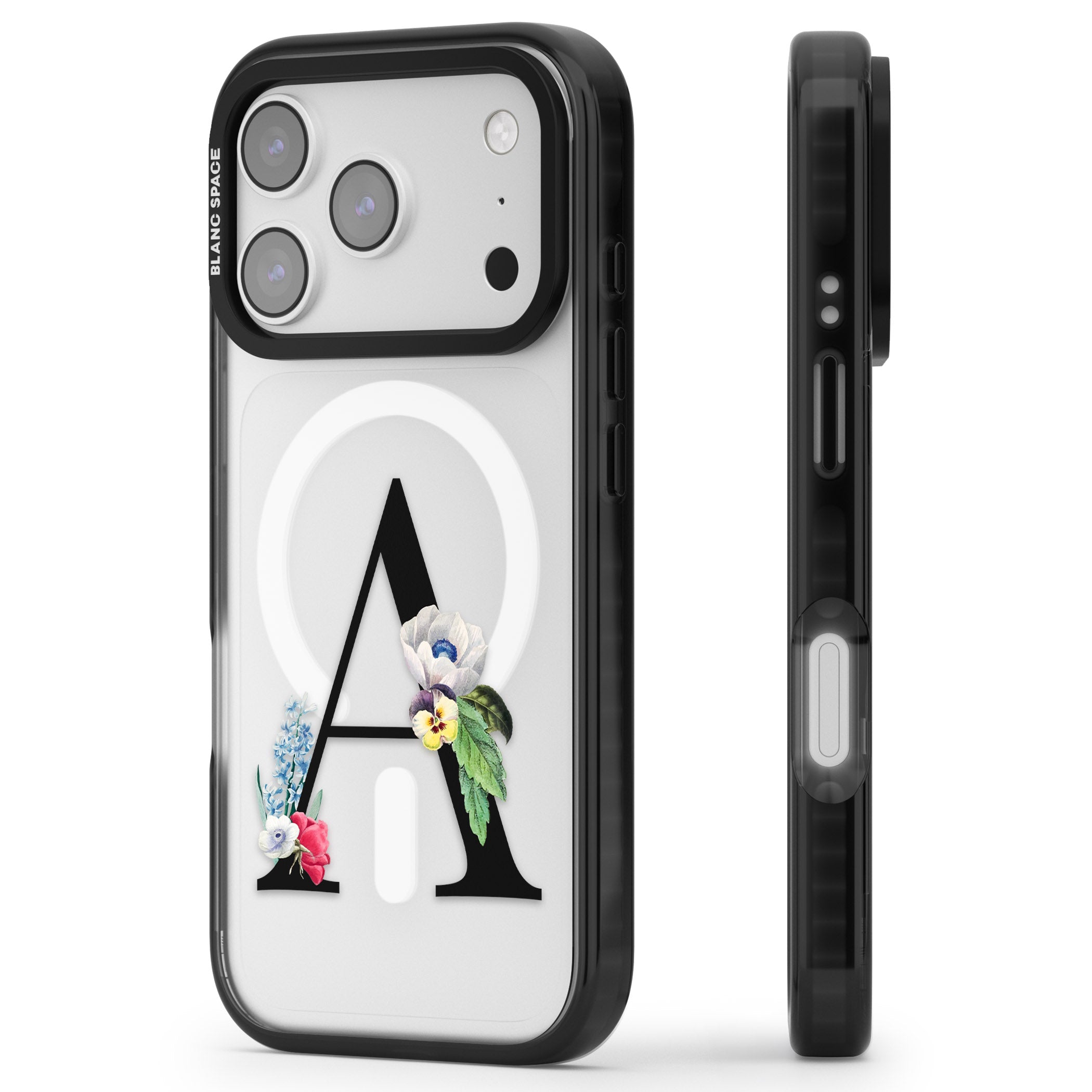 Personalised Floral Initial iPhone 17 Pro Impact Pro Black Phone Case Side Profile
