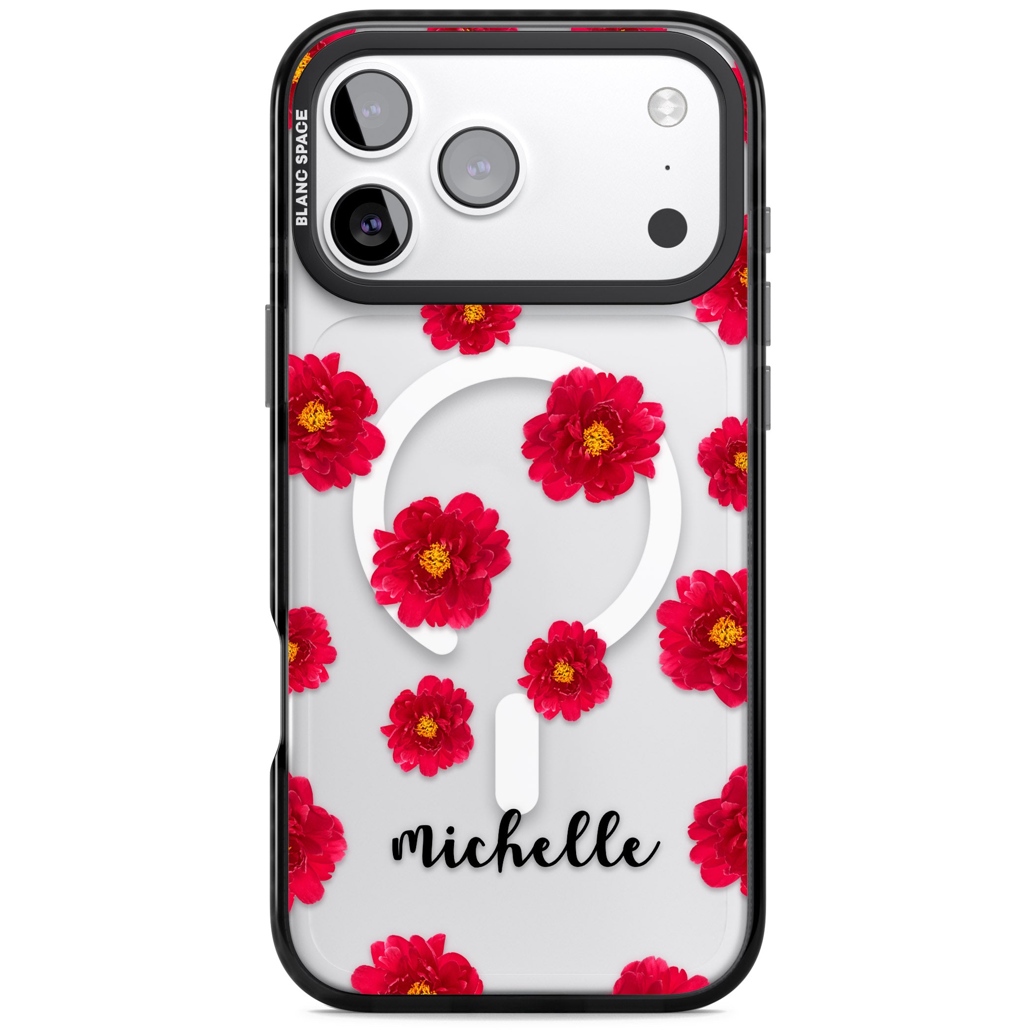 Personalised Red Peonies & Cursive iPhone 17 Pro Impact Pro Black Phone Case