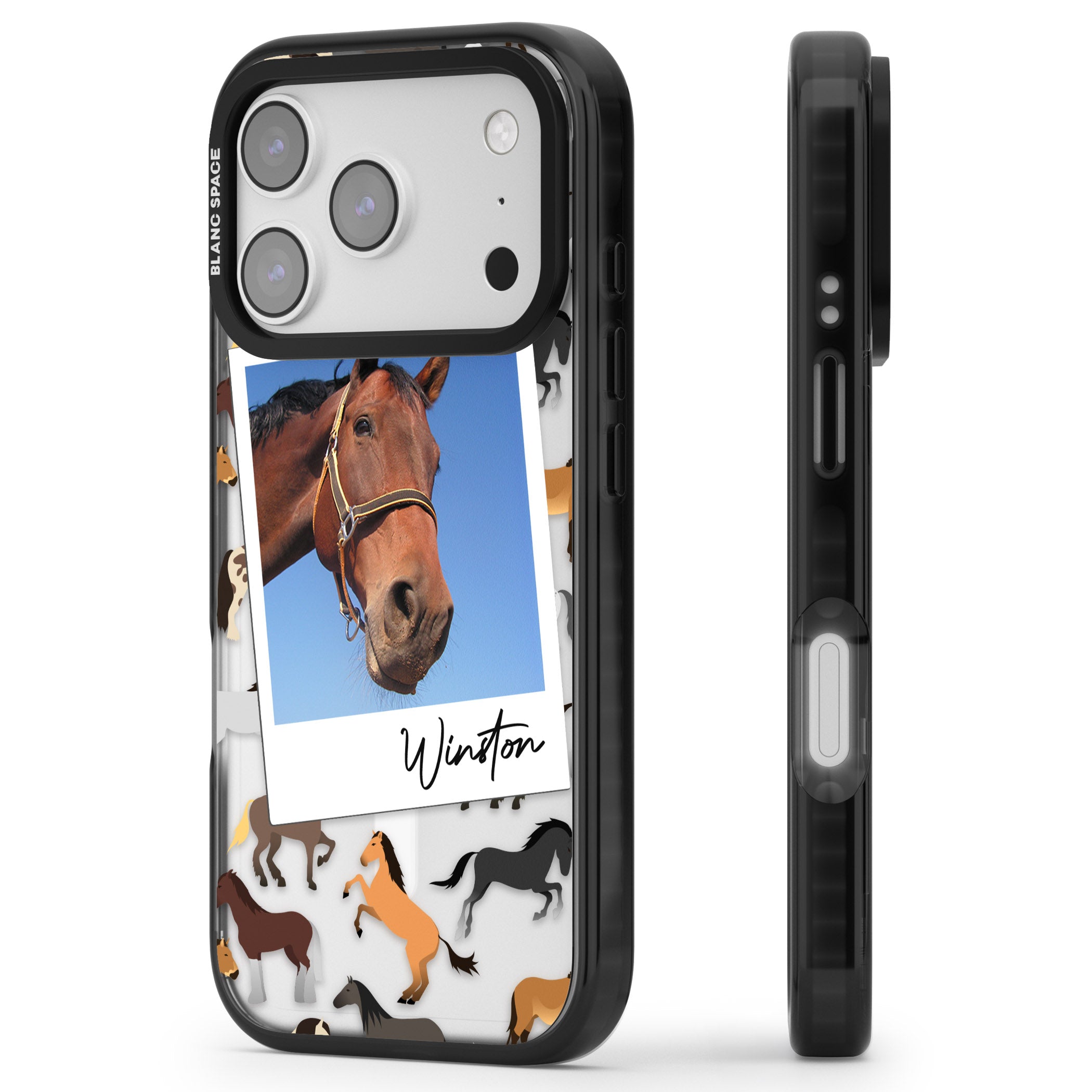Personalised Horse Polaroid iPhone 17 Pro Impact Pro Black Phone Case Side Profile
