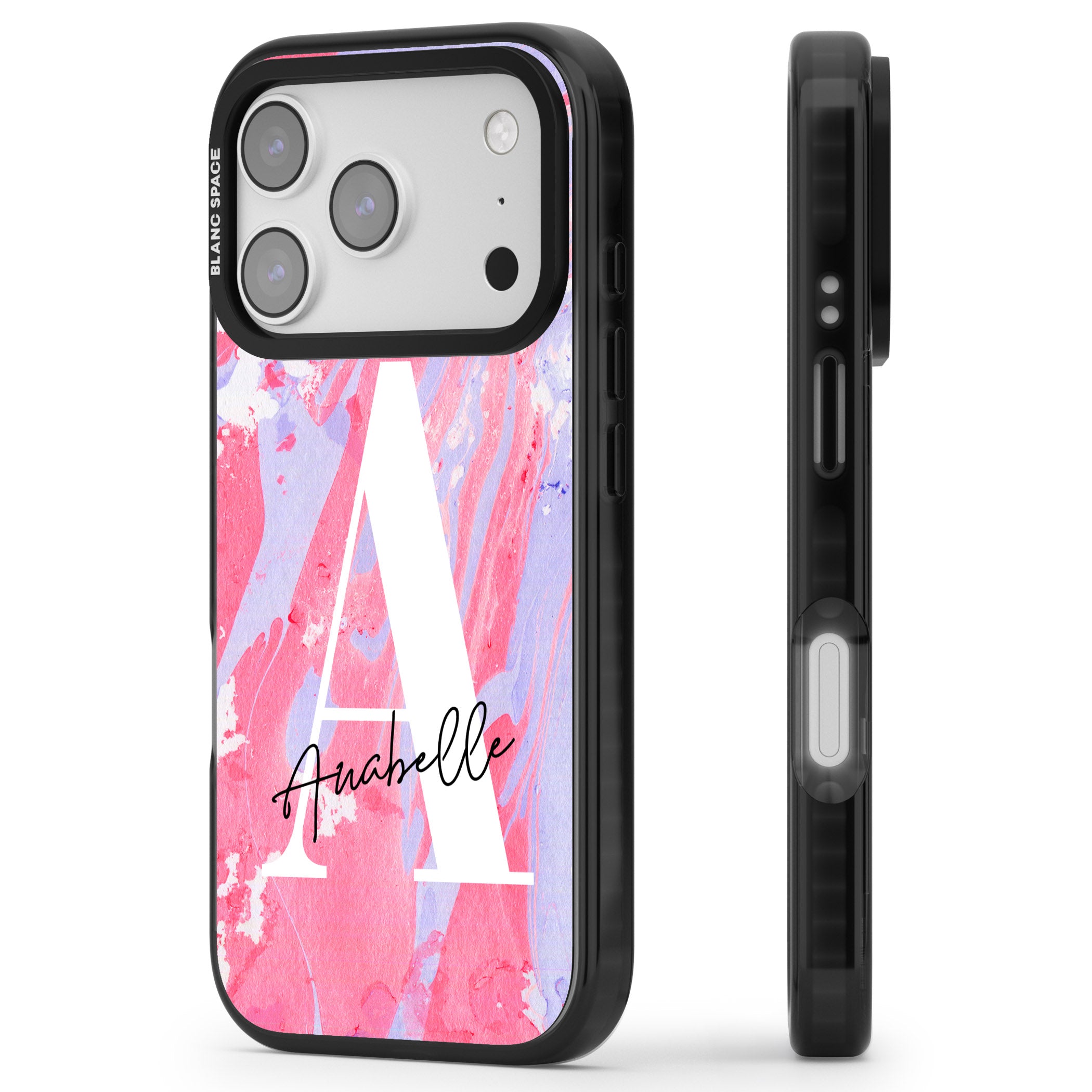 Personalised Pink & Purple Marble iPhone 17 Pro Impact Pro Black Phone Case Side Profile
