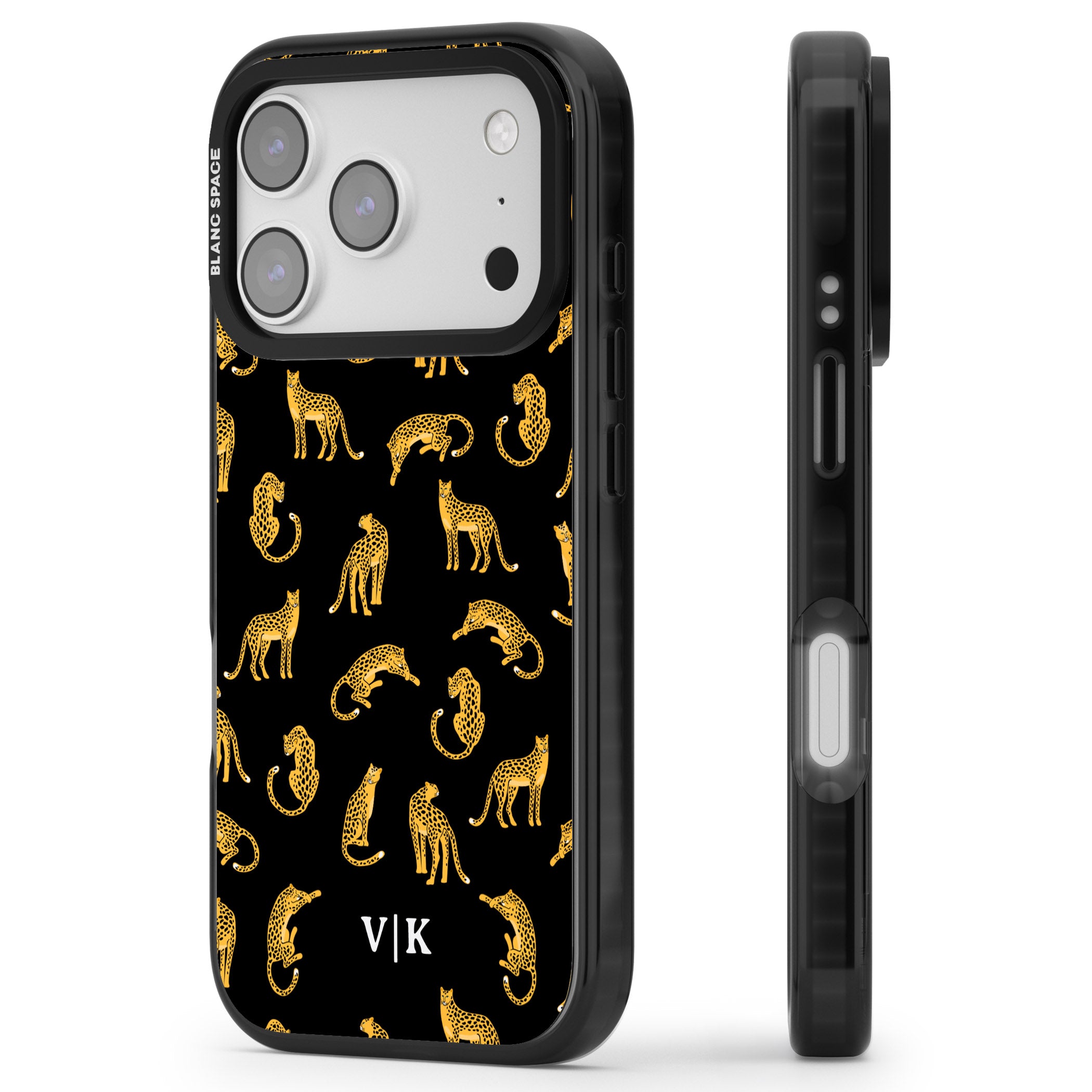 Personalised Gold Cheetah Pattern iPhone 17 Pro Impact Pro Black Phone Case Side Profile