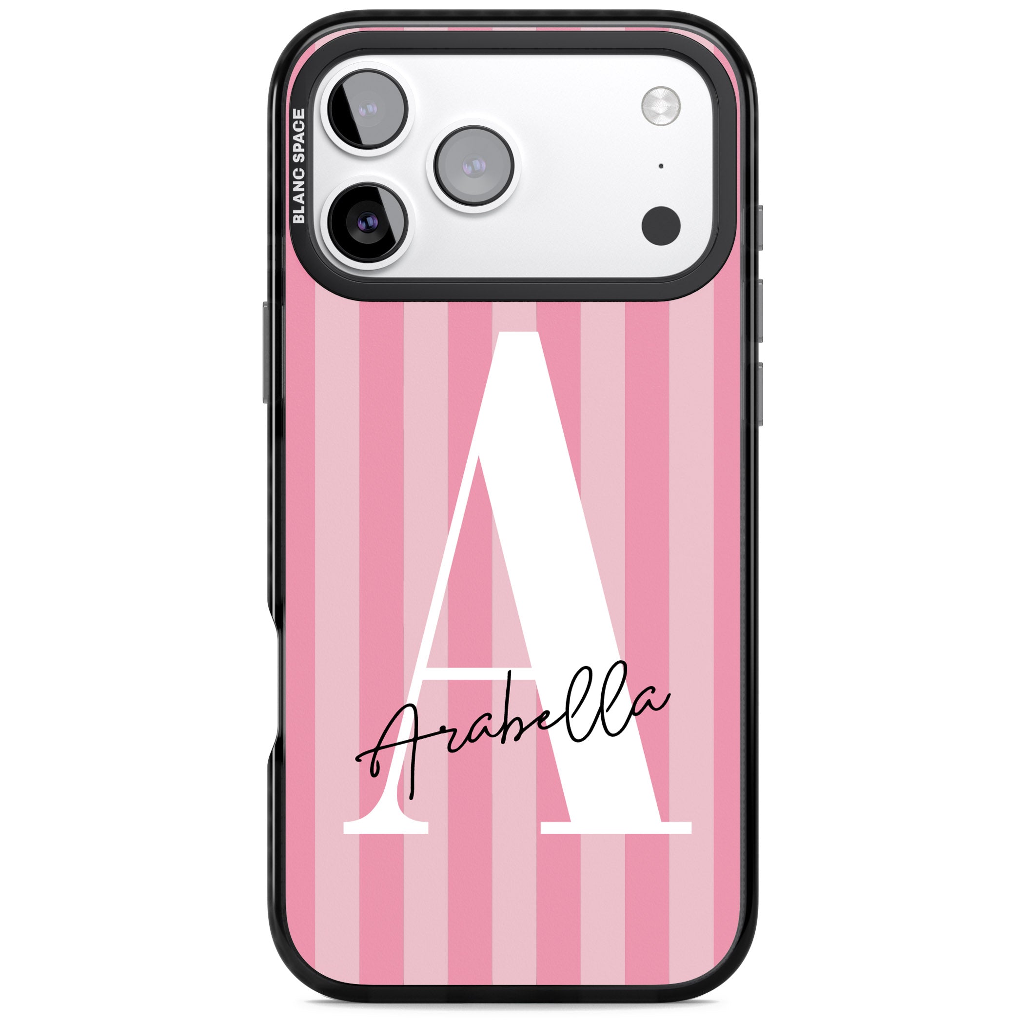 Personalised Pink Stripes Initial iPhone 17 Pro Max Impact Pro Black Phone Case