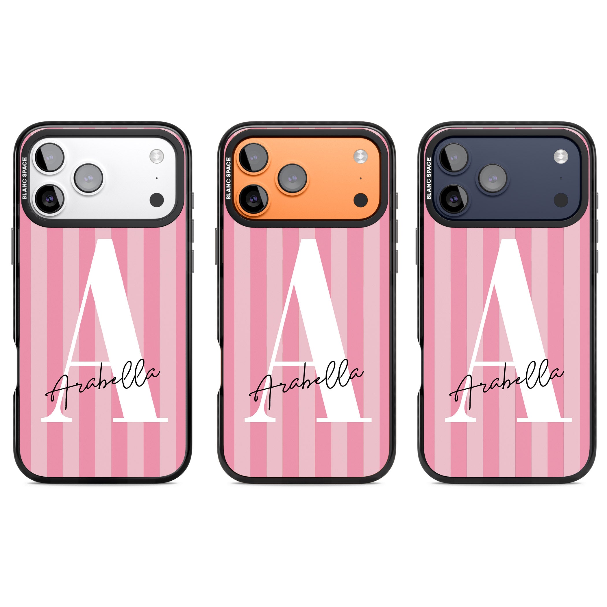 Personalised Pink Stripes Initial iPhone 17 Pro Impact Pro Black Phone Case APT Impact Protection