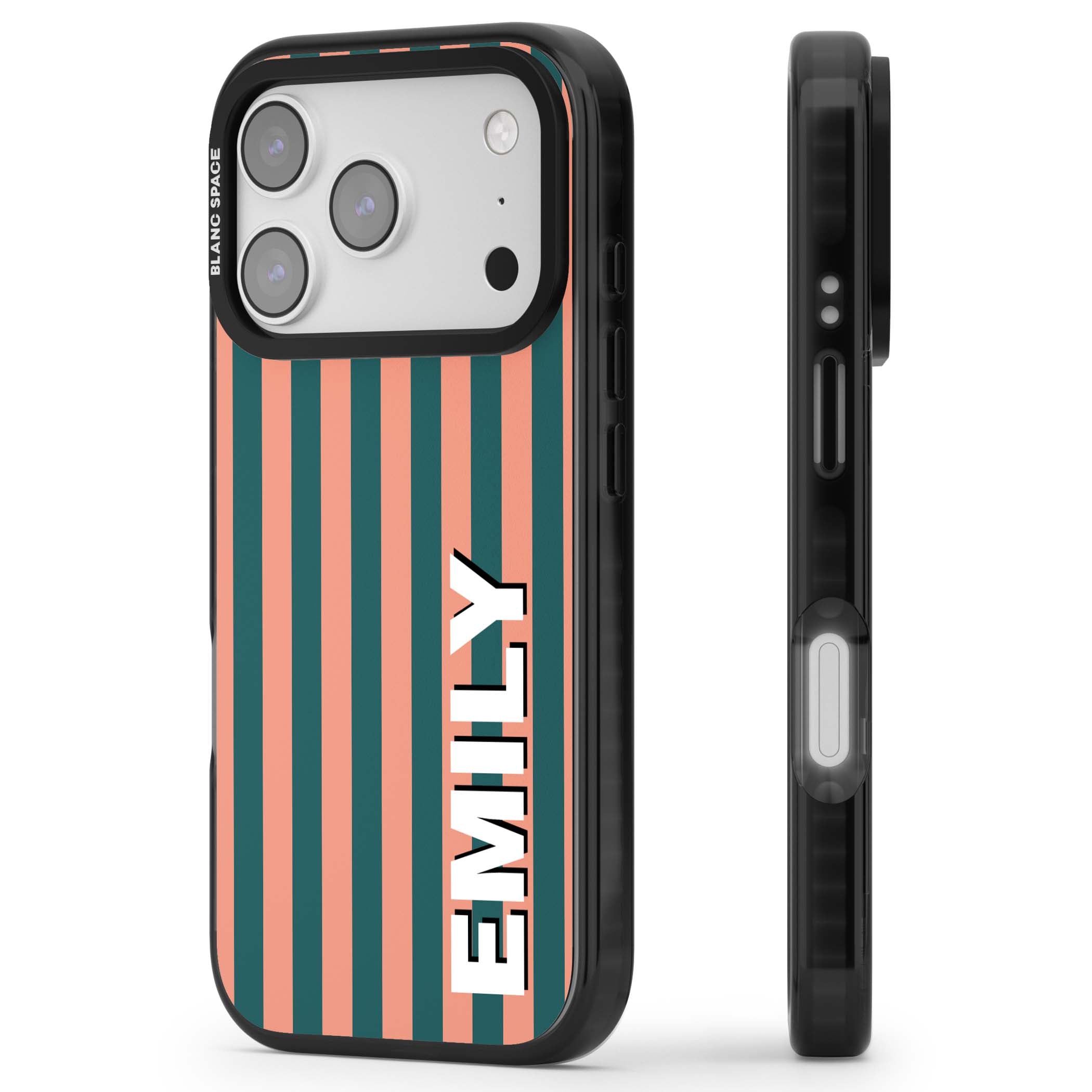 Tuscan Stripe personalised iPhone case featuring coral and green vertical stripes with bold custom name | Black Impact Magsafe case for iPhone 17 Pro, iPhone 17 Pro Max