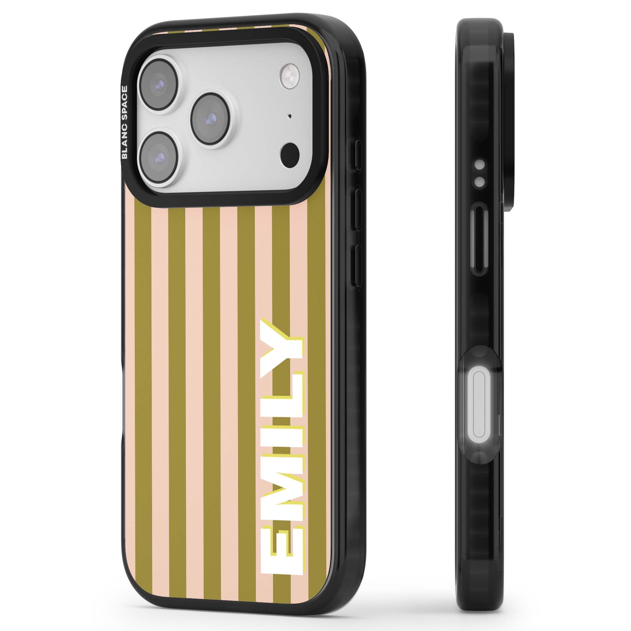 Indian Stripe personalised iPhone case featuring olive green and blush pink vertical stripes with custom name in whit | Black Impact Magsafe case for iPhone 17 Pro, iPhone 17 Pro Max