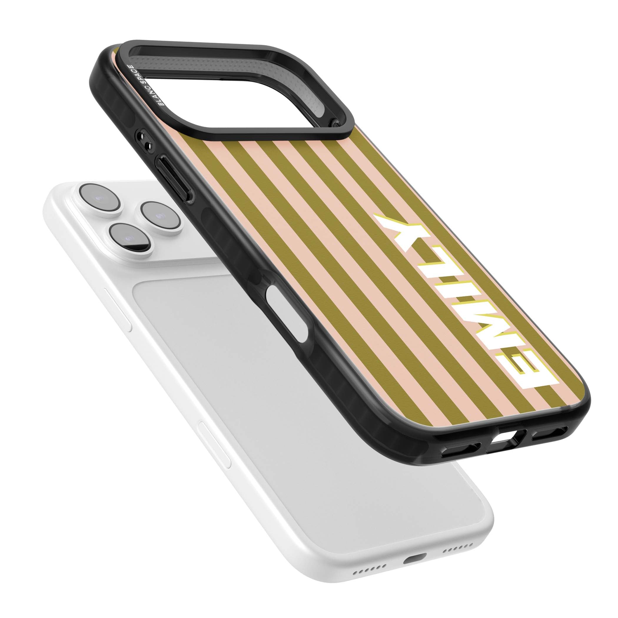 Indian Stripe personalised iPhone case featuring olive green and blush pink vertical stripes with custom name in whit | Black Impact Magsafe case for iPhone 17 Pro, iPhone 17 Pro Max