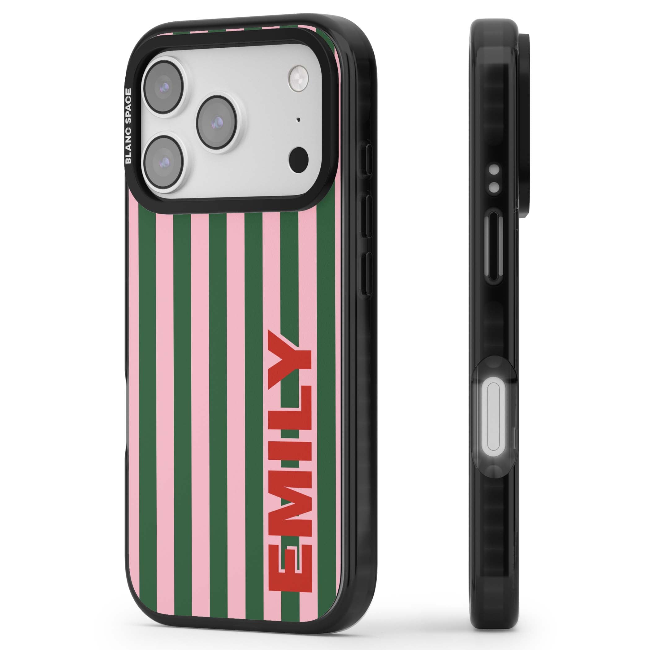 Italian Stripe preppy iPhone case featuring pink and green vertical stripes with personalised red name | Black Impact Magsafe case for iPhone 17 Pro, iPhone 17 Pro Max