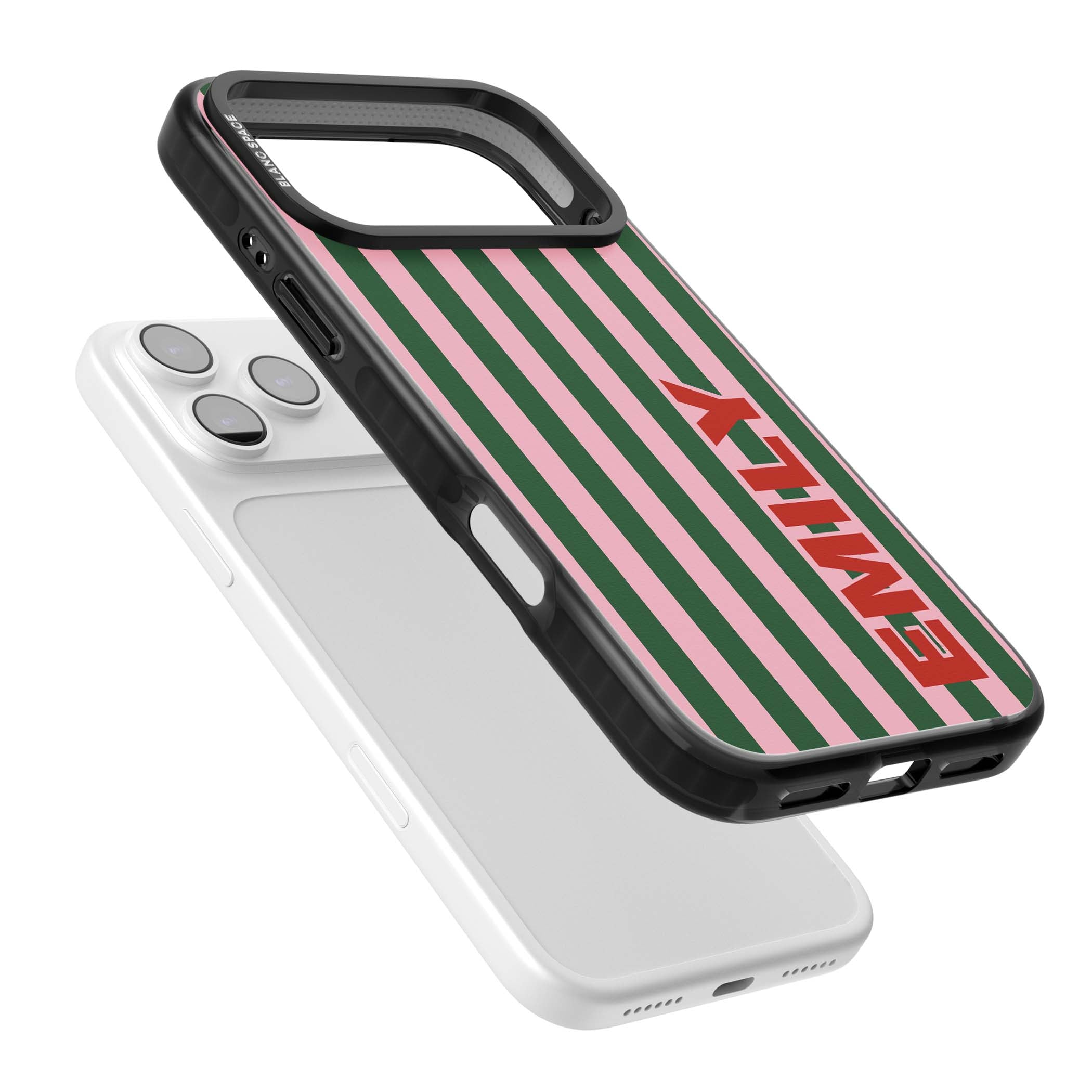 Italian Stripe preppy iPhone case featuring pink and green vertical stripes with personalised red name | Black Impact Magsafe case for iPhone 17 Pro, iPhone 17 Pro Max