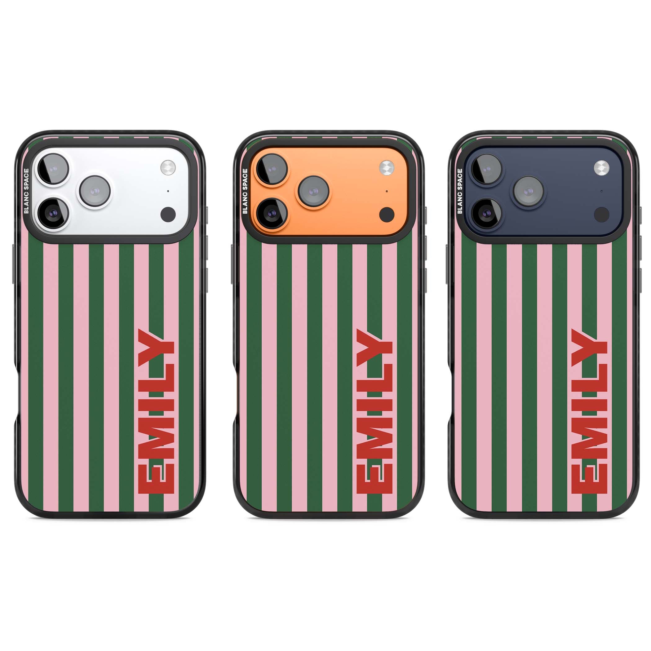 Italian Stripe preppy iPhone case featuring pink and green vertical stripes with personalised red name | Black Impact Magsafe case for iPhone 17 Pro, iPhone 17 Pro Max