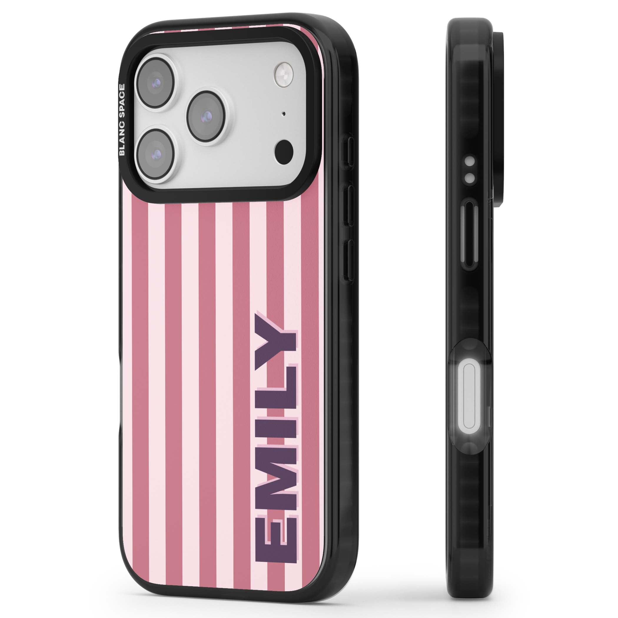 Victoria Stripe personalised iPhone case featuring pink vertical stripes and custom name in bold plum lettering | Black Impact Magsafe case for iPhone 17 Pro, iPhone 17 Pro Max