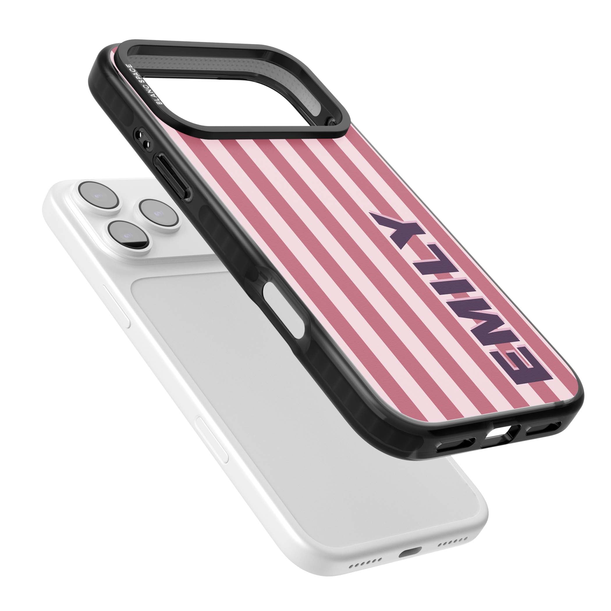 Victoria Stripe personalised iPhone case featuring pink vertical stripes and custom name in bold plum lettering | Black Impact Magsafe case for iPhone 17 Pro, iPhone 17 Pro Max