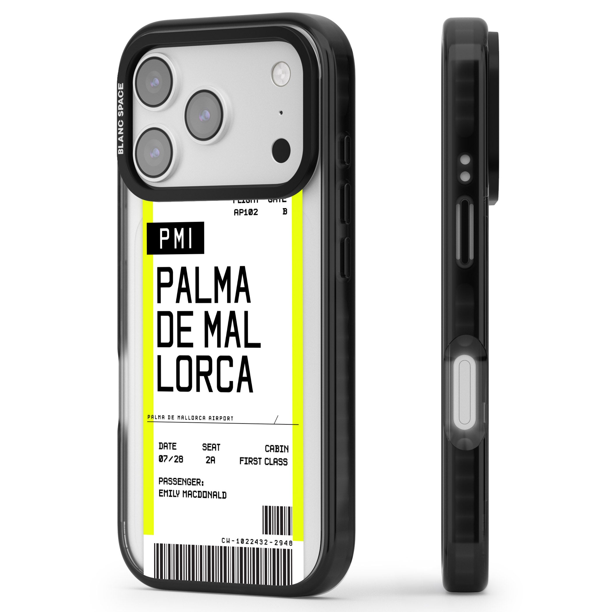 Personalised Palma De Mallorca Boarding Pass iPhone 17 Pro Impact Pro Black Phone Case Side Profile