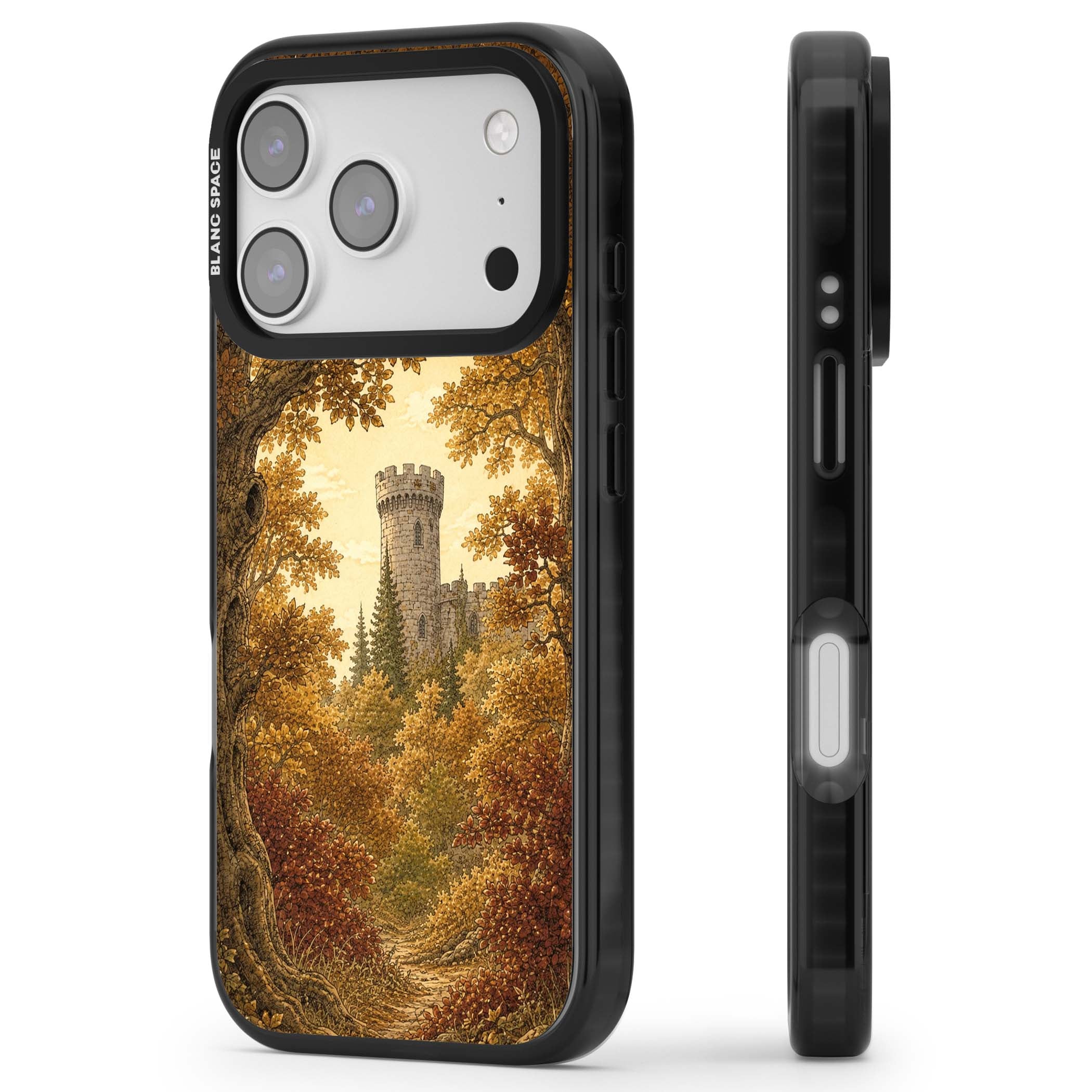 Autumn Keep cottagecore iPhone case featuring a medieval castle tower framed by golden autumn trees and woodland foliage | Black Impact Magsafe case for iPhone 17 Pro, iPhone 17 Pro Max