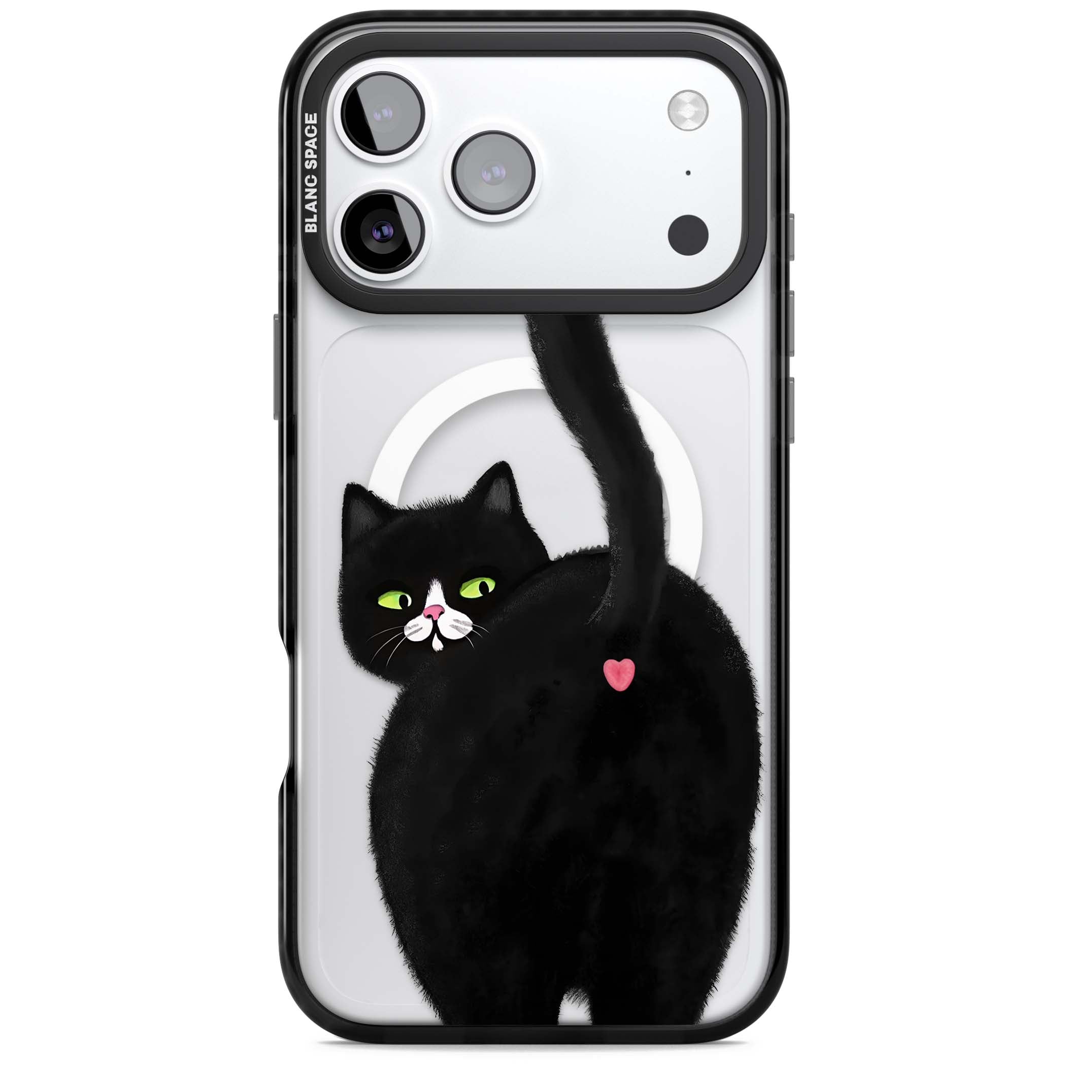 The Cat's Kiss cute cat iPhone case featuring a hand-painted tuxedo kitty with green eyes and a pink heart on a clear | Black Impact Magsafe case for iPhone 17 Pro, iPhone 17 Pro Max