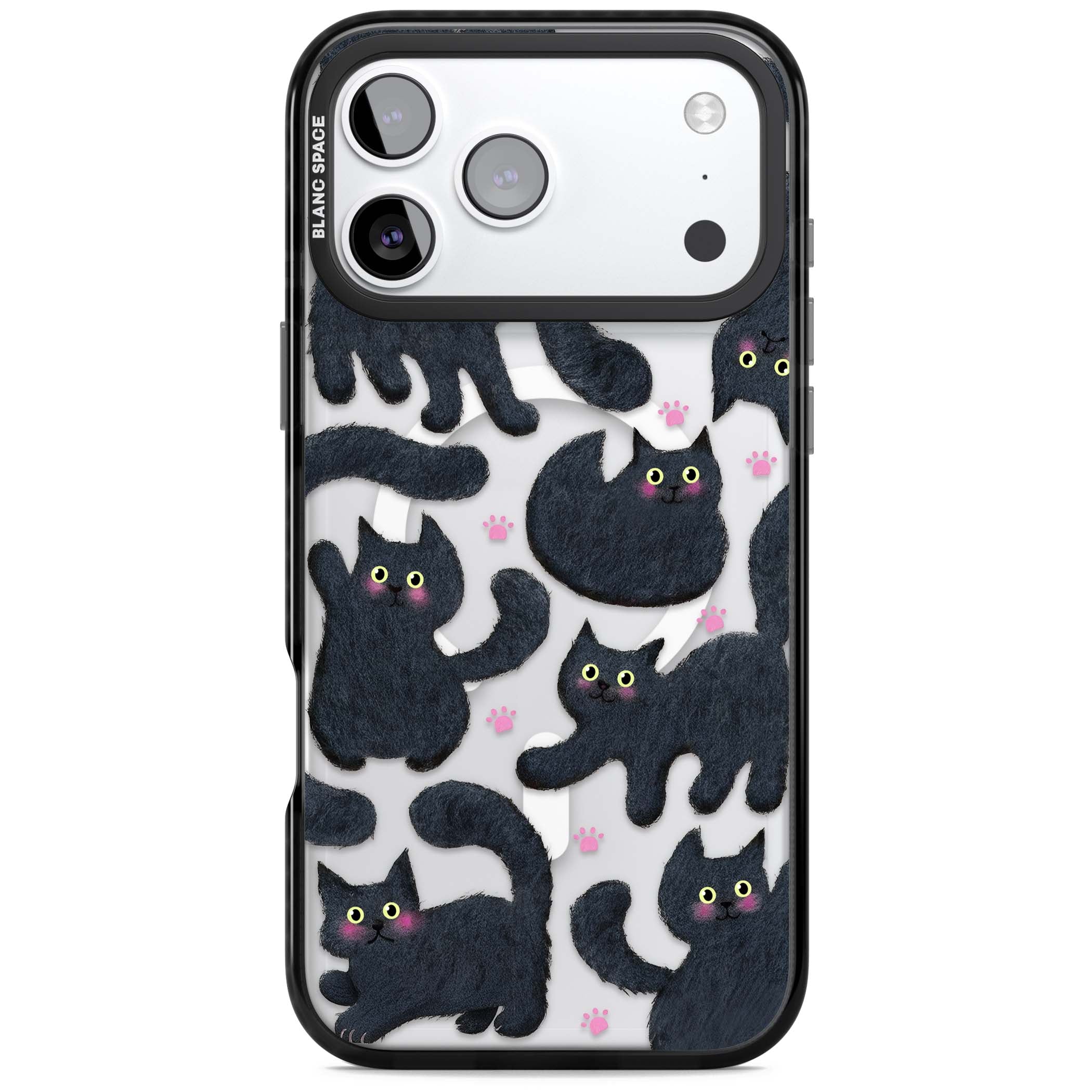 Midnight Cats cute iPhone case featuring black cat pattern with yellow eyes and pink paw prints | Black Impact Magsafe case for iPhone 17 Pro, iPhone 17 Pro Max