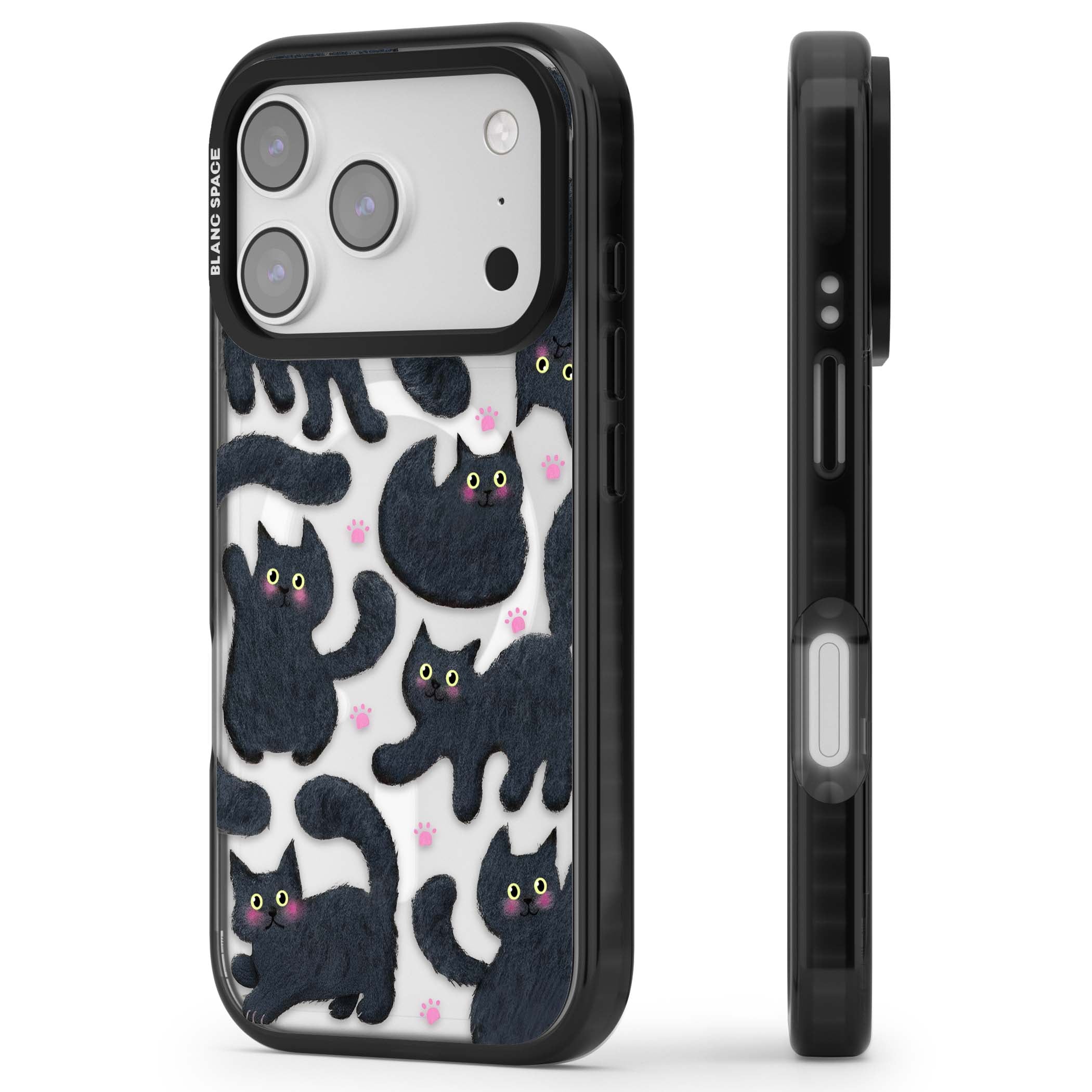 Midnight Cats cute iPhone case featuring black cat pattern with yellow eyes and pink paw prints | Black Impact Magsafe case for iPhone 17 Pro, iPhone 17 Pro Max