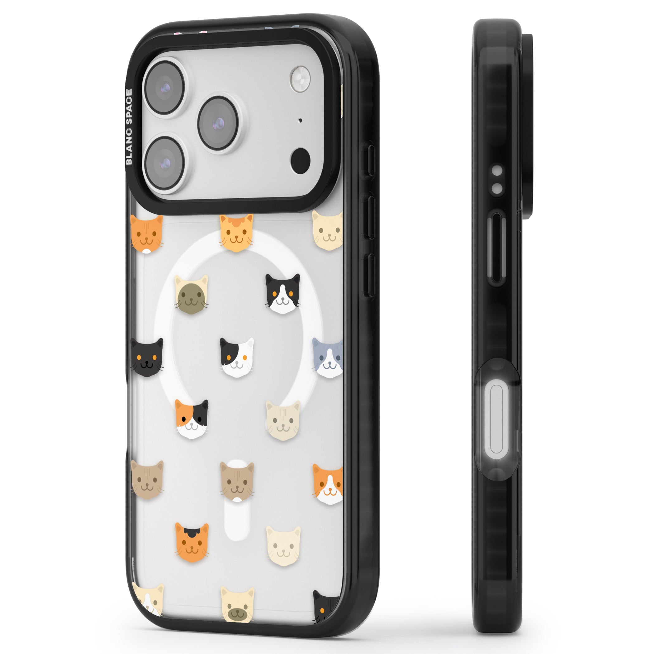 Cute Cat Face Transparent iPhone 17 Pro Impact Pro Black Phone Case Side Profile