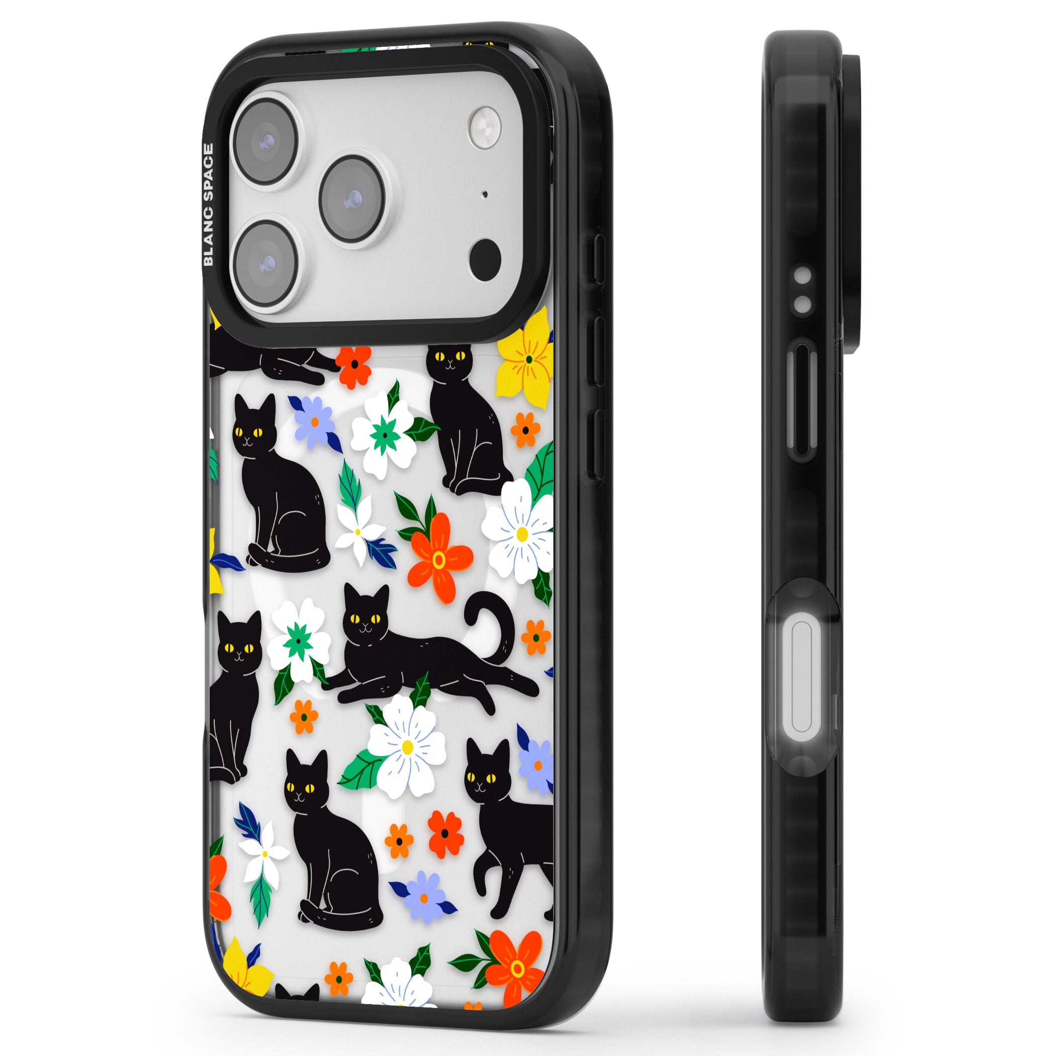 Cats Flowers iPhone 17 Pro Impact Pro Black Phone Case Side Profile
