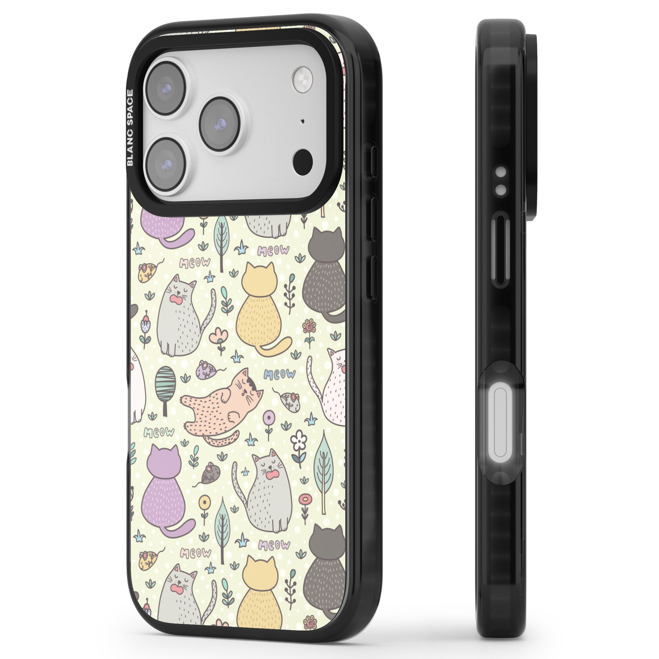 Cat Pattern Cream iPhone 17 Pro Impact Pro Black Phone Case Side Profile