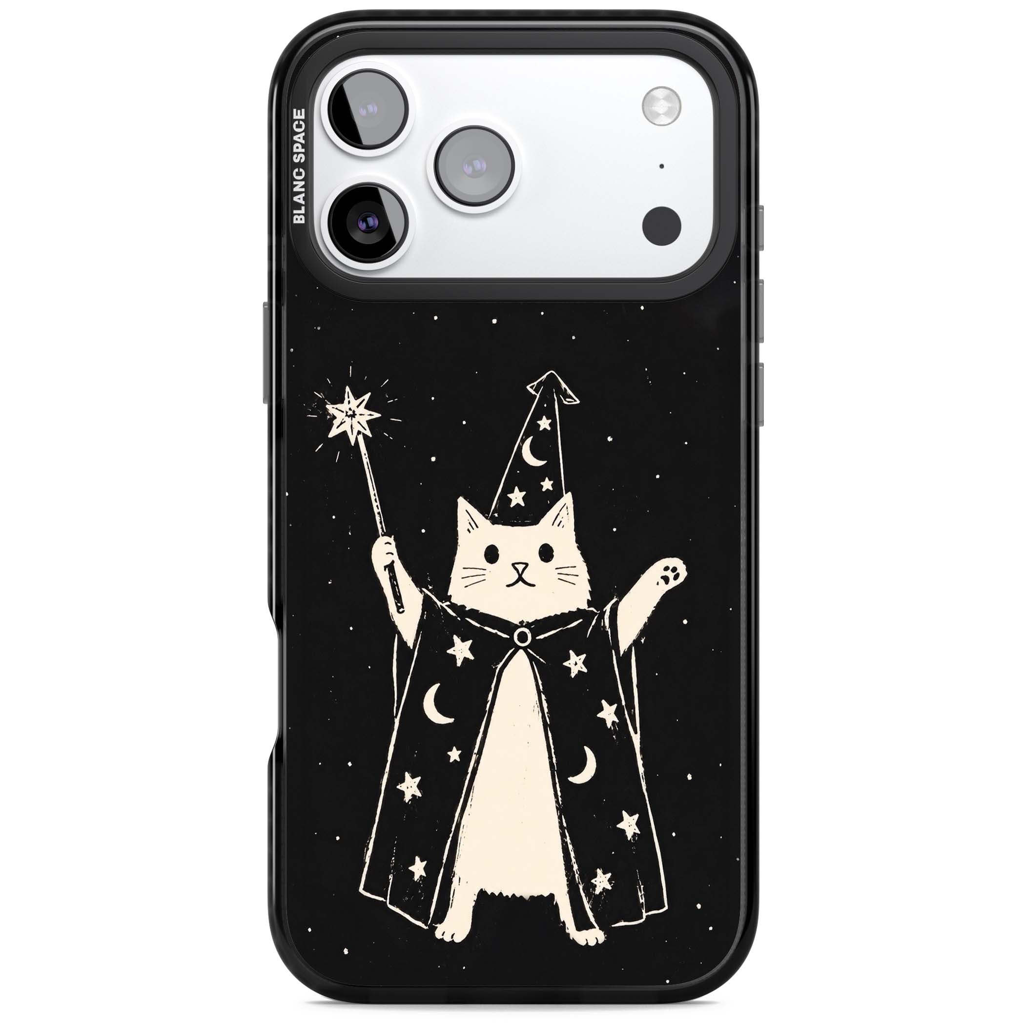 Whisker Wizard celestial cat iPhone case featuring a wizard cat with magic wand, starry night sky and crescent moons | Black Impact Magsafe case for iPhone 17 Pro, iPhone 17 Pro Max