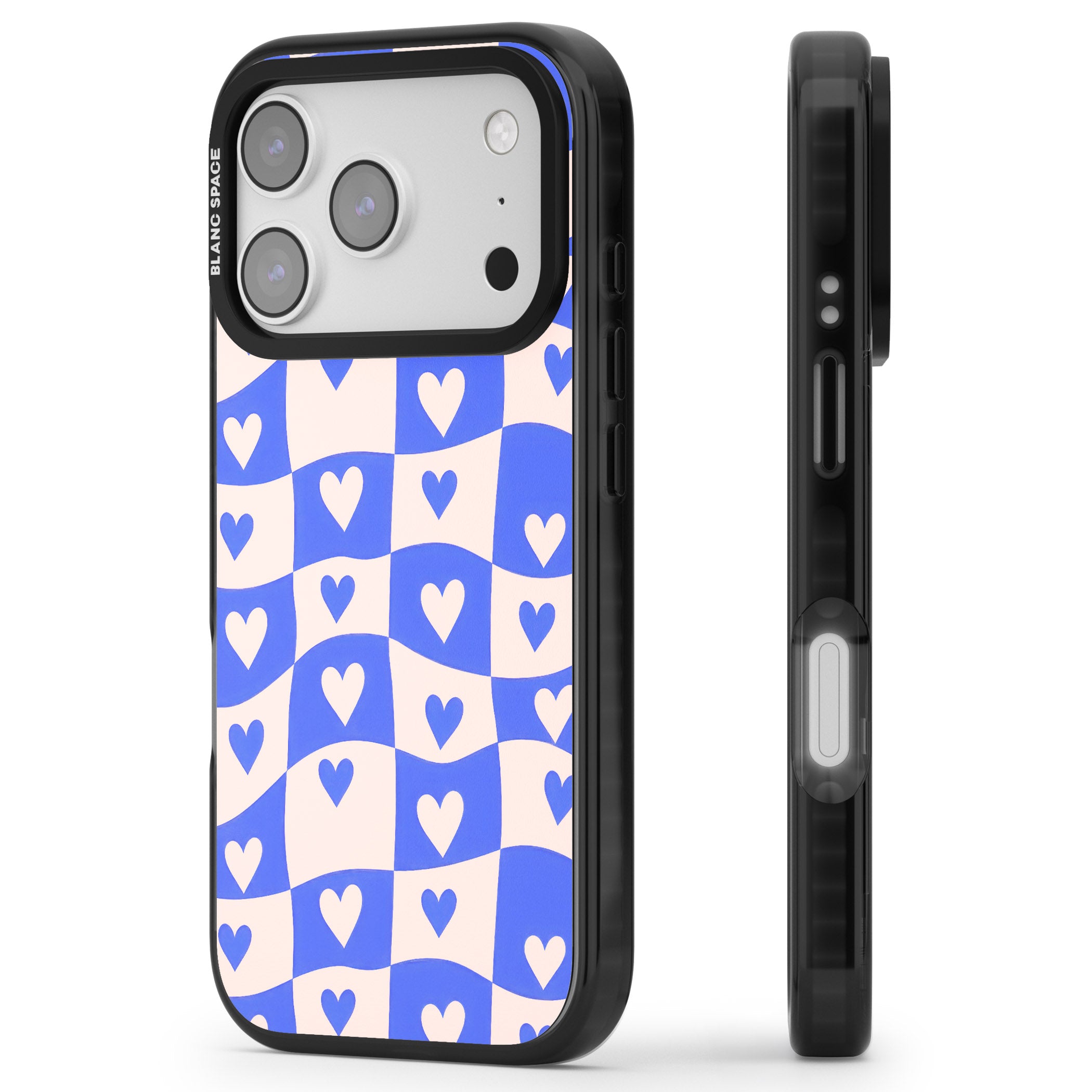 Blue Wavy Checked Hearts iPhone 17 Pro Impact Pro Black Phone Case Side Profile