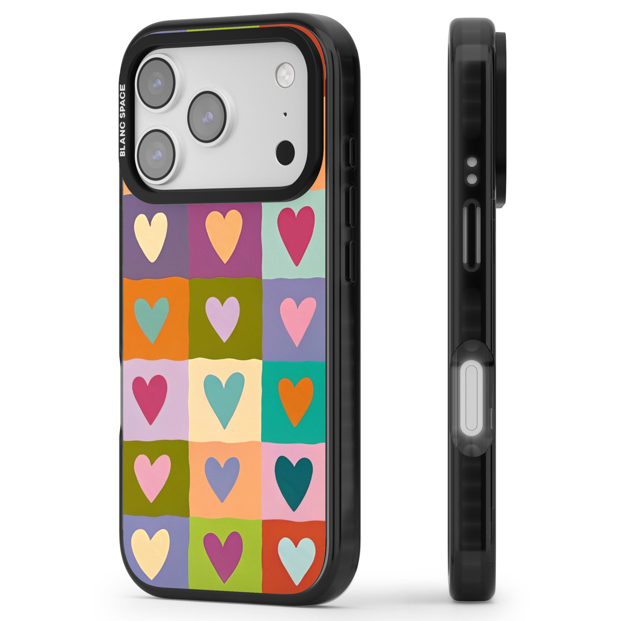 Multicolour Checked Hearts iPhone 17 Pro Impact Pro Black Phone Case Side Profile