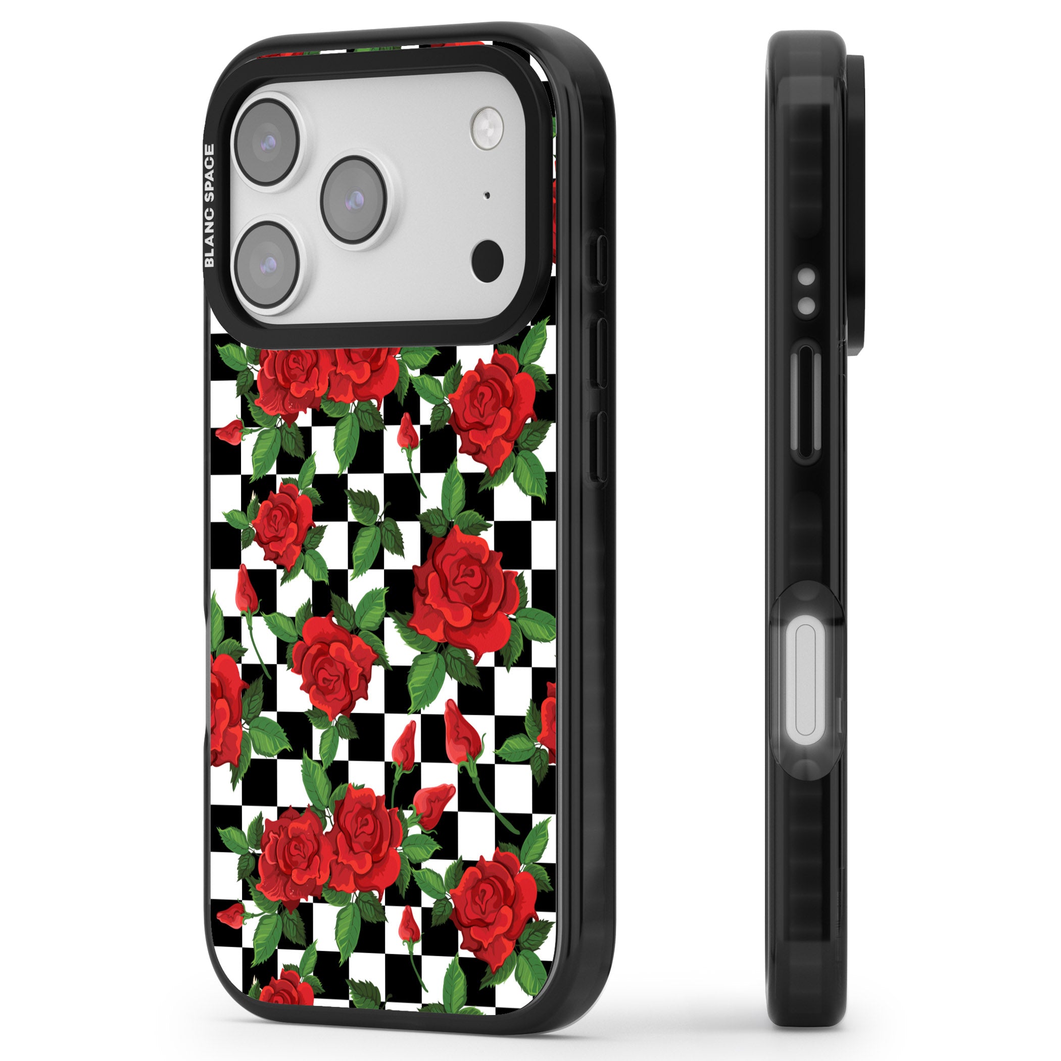 Checkered Roses iPhone 17 Pro Impact Pro Black Phone Case Side Profile
