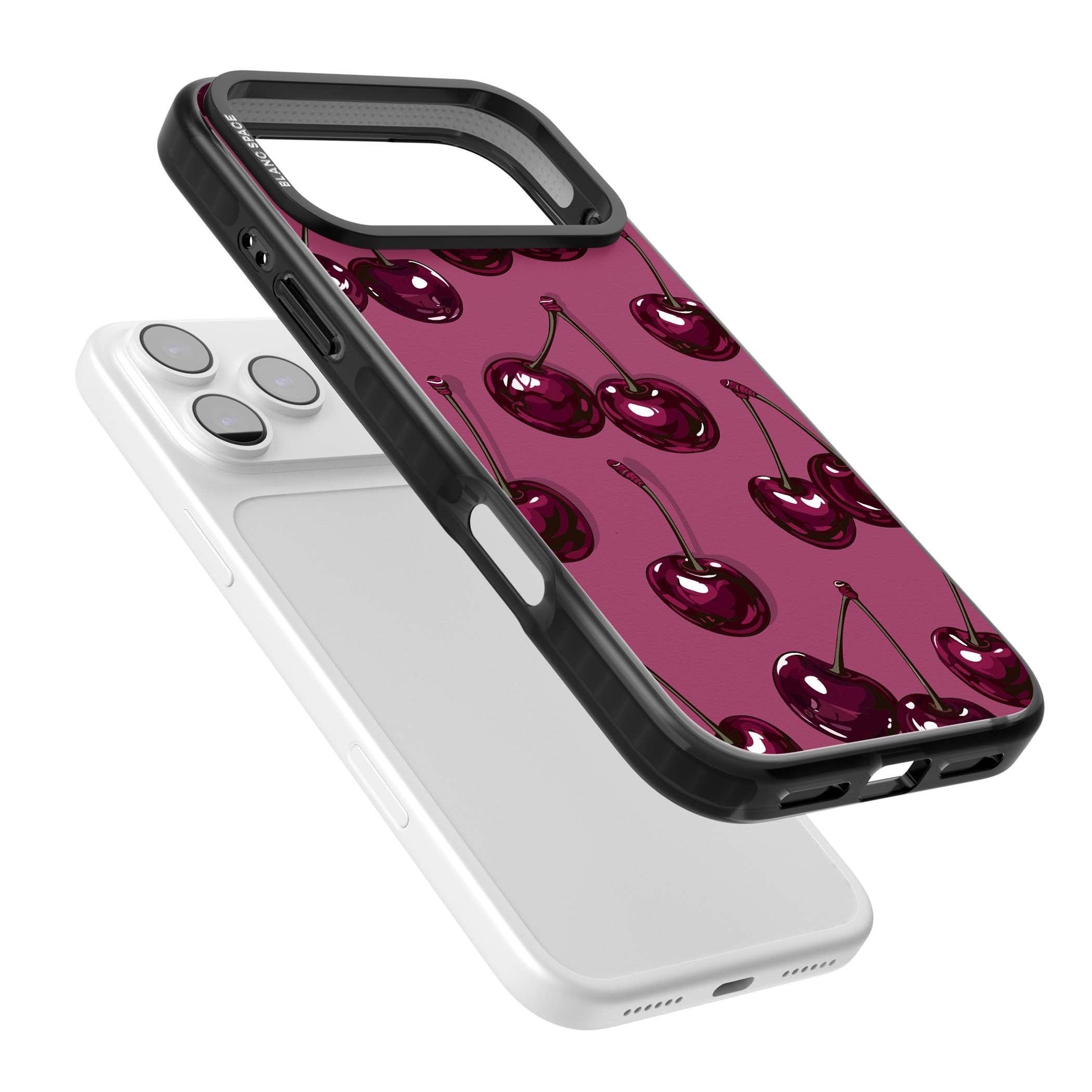 Cherry Soda coquette iPhone case featuring glossy burgundy cherries on a dusty pink background | Black Impact Magsafe case for iPhone 17 Pro, iPhone 17 Pro Max