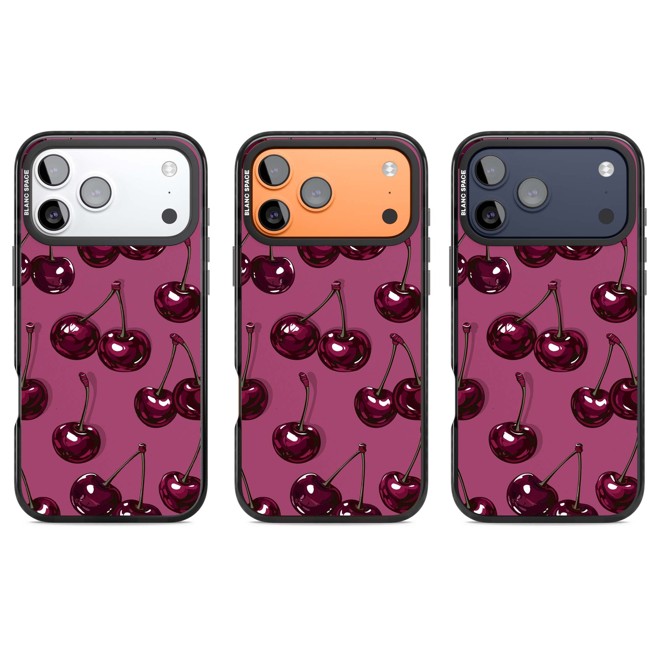 Cherry Soda coquette iPhone case featuring glossy burgundy cherries on a dusty pink background | Black Impact Magsafe case for iPhone 17 Pro, iPhone 17 Pro Max