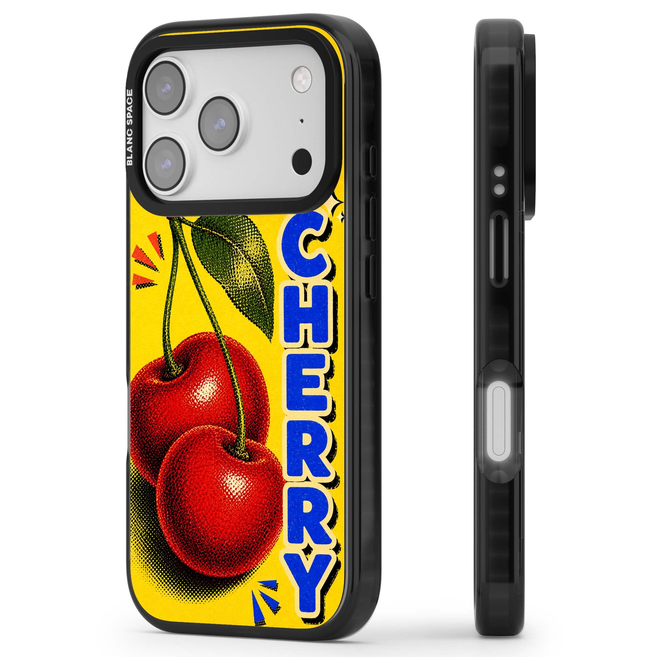 Cherry Yellow y2k iPhone case featuring two red cherries, halftone shading and bold blue CHERRY lettering on yellow | Black Impact Magsafe case for iPhone 17 Pro, iPhone 17 Pro Max