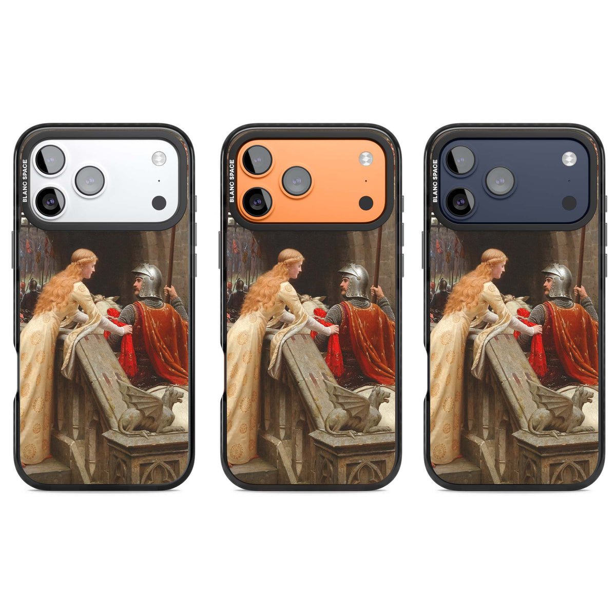 God Speed fine art iPhone case featuring Edmund Blair Leighton's medieval knight and lady beneath a stone archway | Black Impact Magsafe case for iPhone 17 Pro, iPhone 17 Pro Max