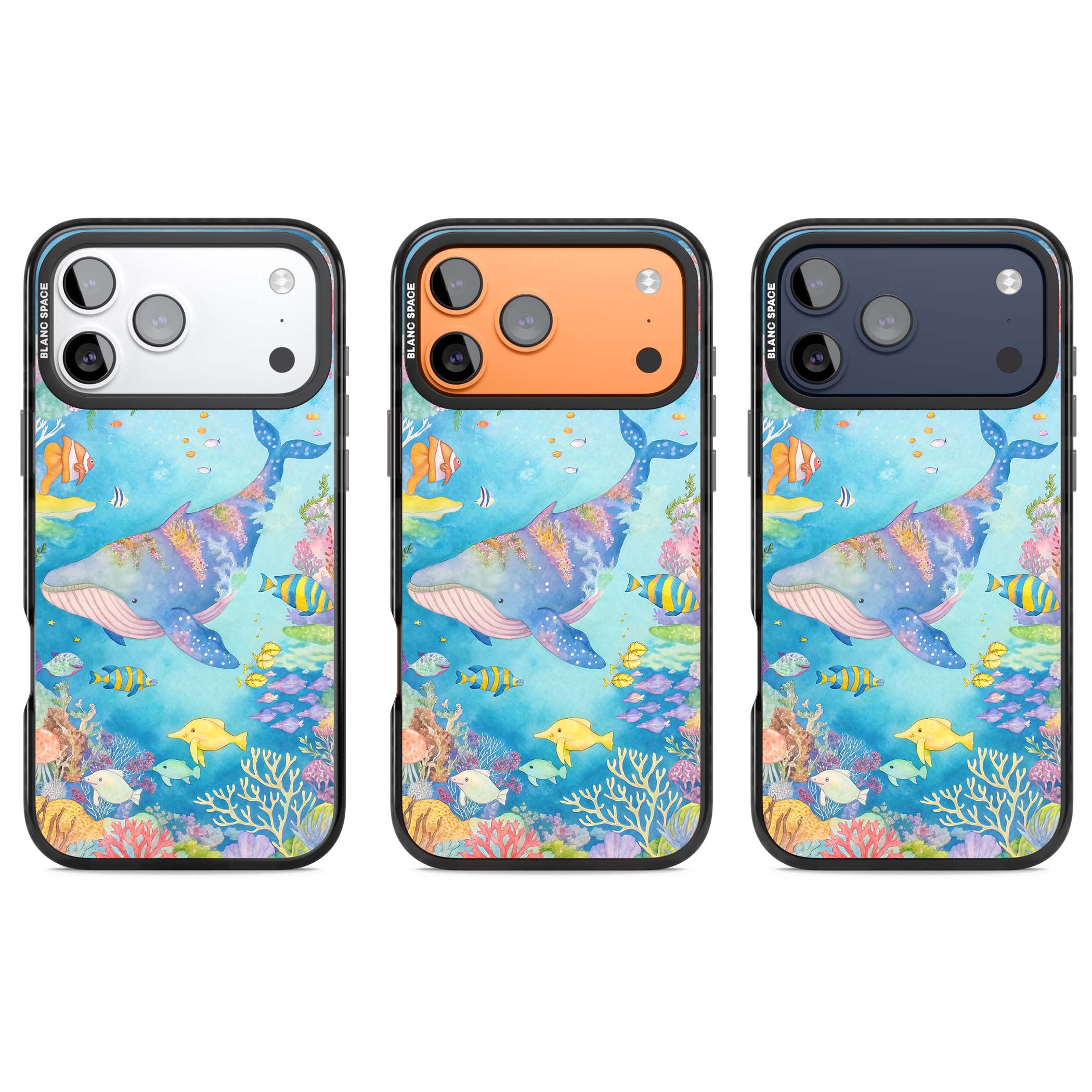 Coral Lagoon ocean iPhone case featuring a watercolour whale, coral reef and tropical fish | Black Impact Magsafe case for iPhone 17 Pro, iPhone 17 Pro Max