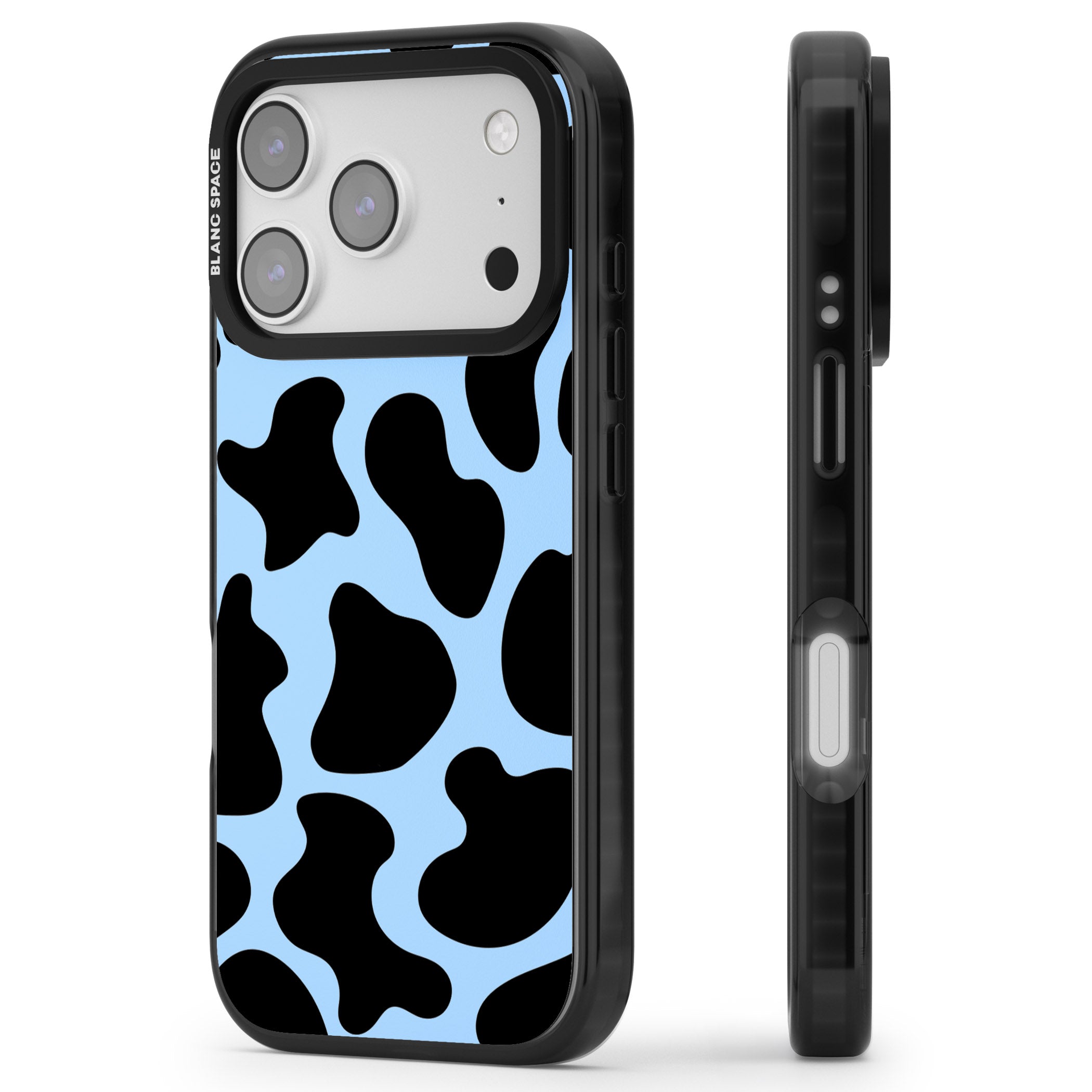 Blue And Black Cow Print iPhone 17 Pro Impact Pro Black Phone Case Side Profile