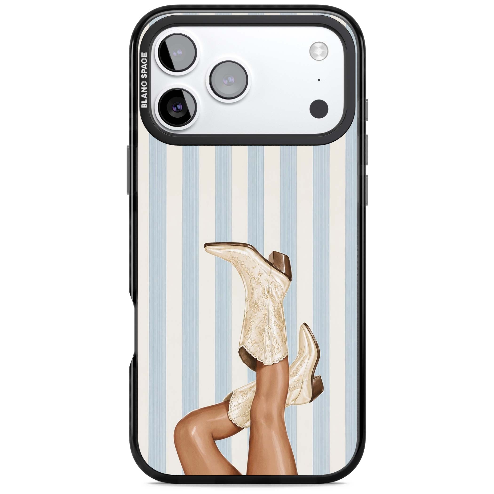 Cowgirl Boots coastal cowgirl iPhone case featuring embroidered western boots, tanned legs and a blue stripe backdrop | Black Impact Magsafe case for iPhone 17 Pro, iPhone 17 Pro Max