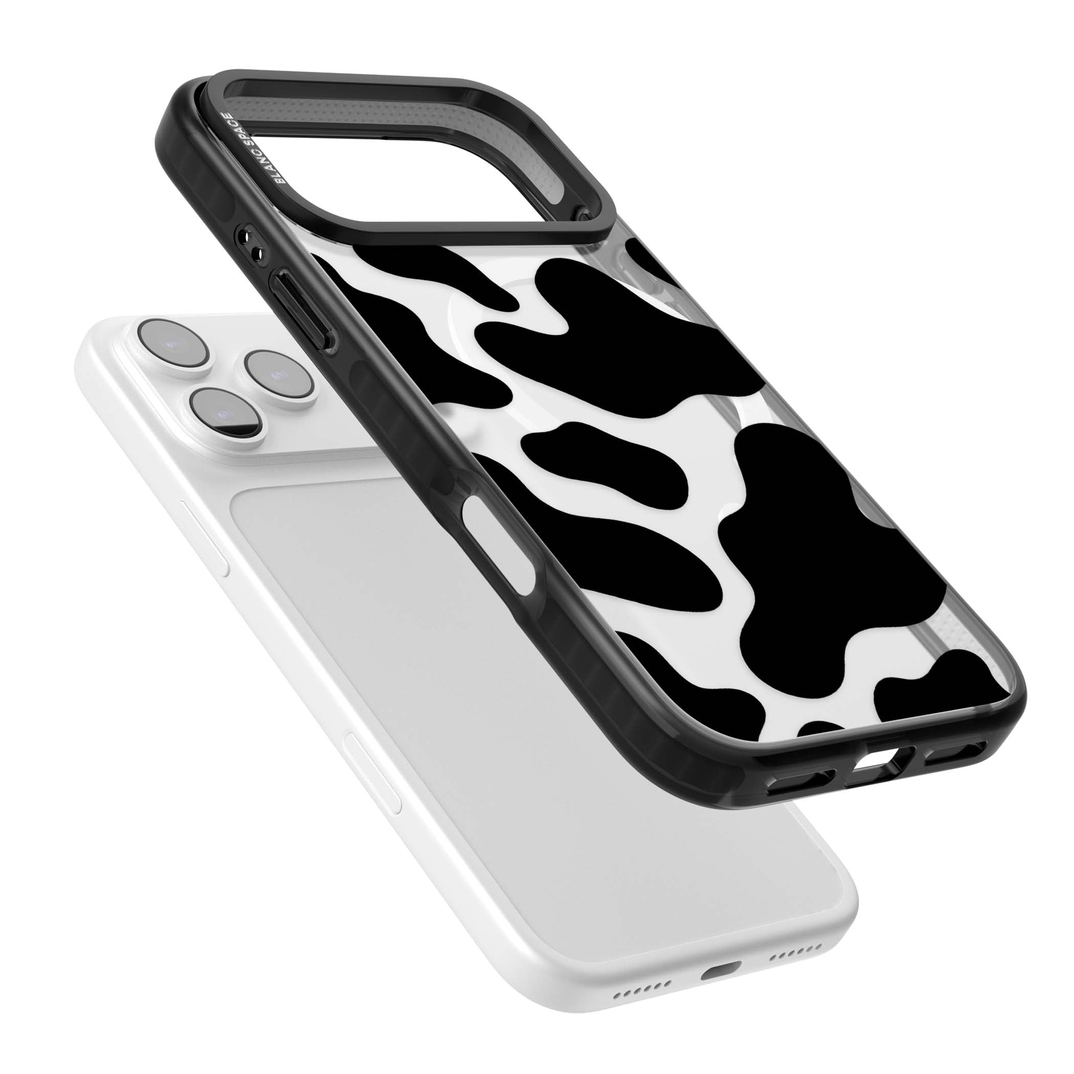 Clear Cow Print cow print iPhone case featuring black and white cow pattern splotches on a clear background | Black Impact Magsafe case for iPhone 17 Pro, iPhone 17 Pro Max