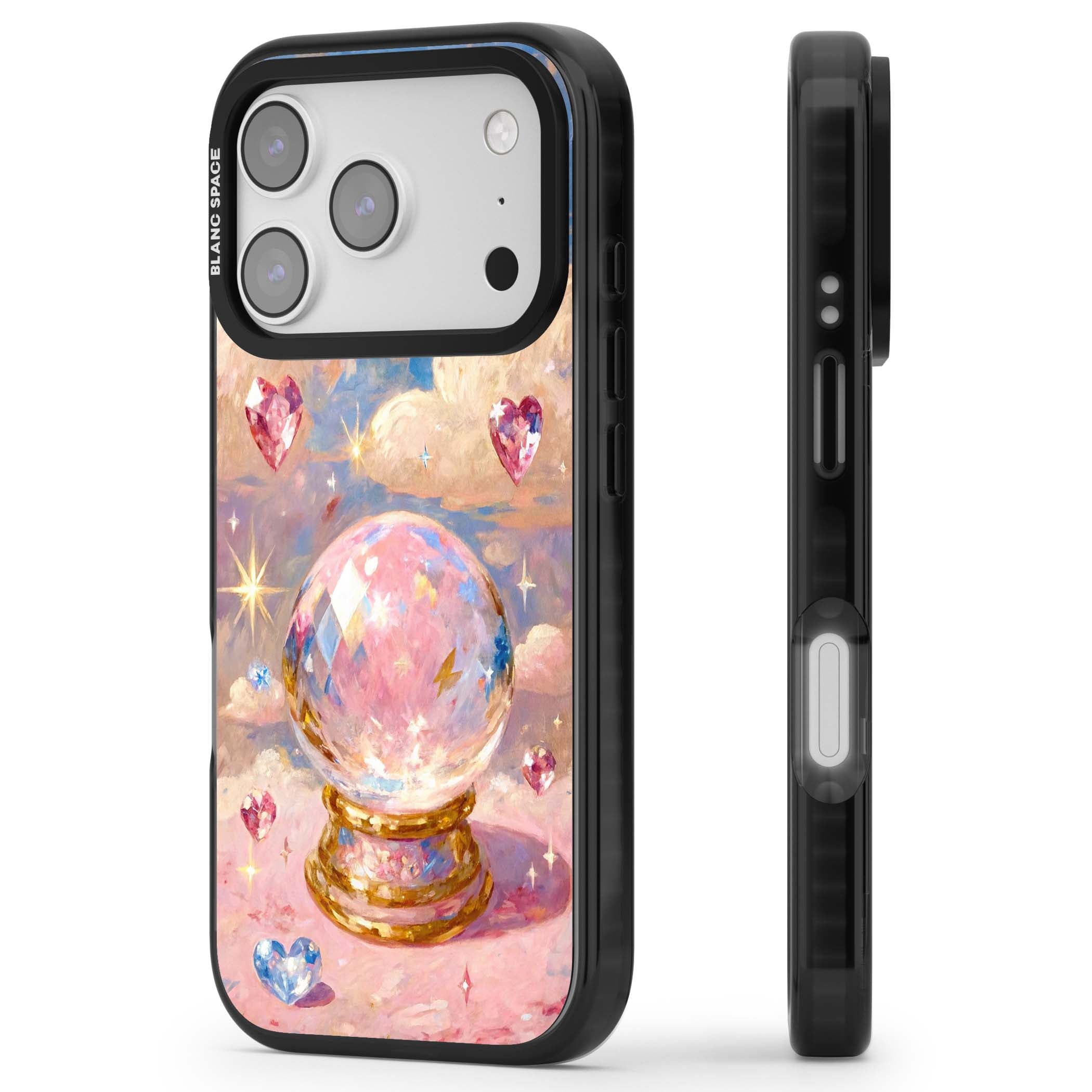 Crystal Ball fairycore iPhone case featuring a painted crystal ball, heart gemstones, and pastel clouds | Black Impact Magsafe case for iPhone 17 Pro, iPhone 17 Pro Max