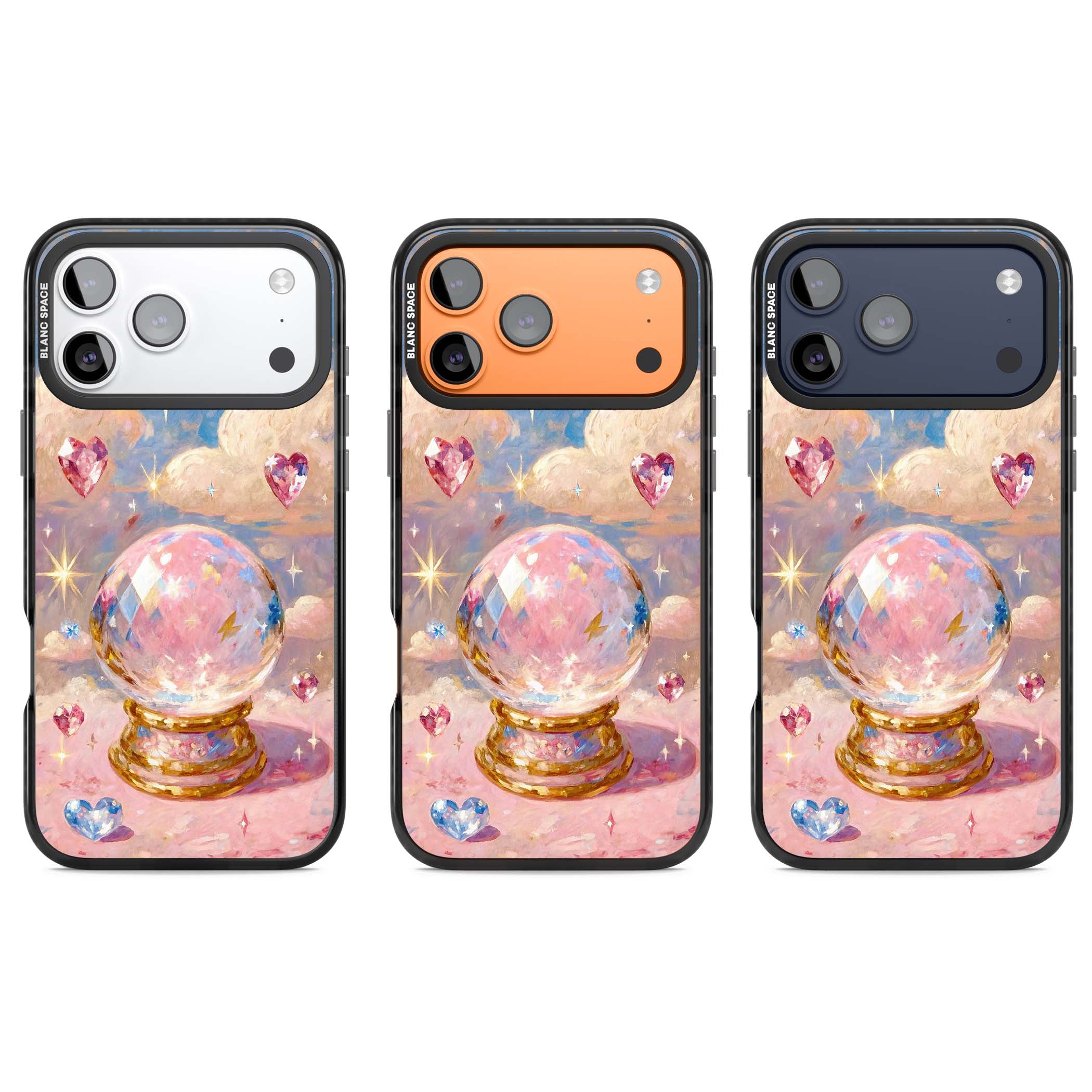 Crystal Ball fairycore iPhone case featuring a painted crystal ball, heart gemstones, and pastel clouds | Black Impact Magsafe case for iPhone 17 Pro, iPhone 17 Pro Max