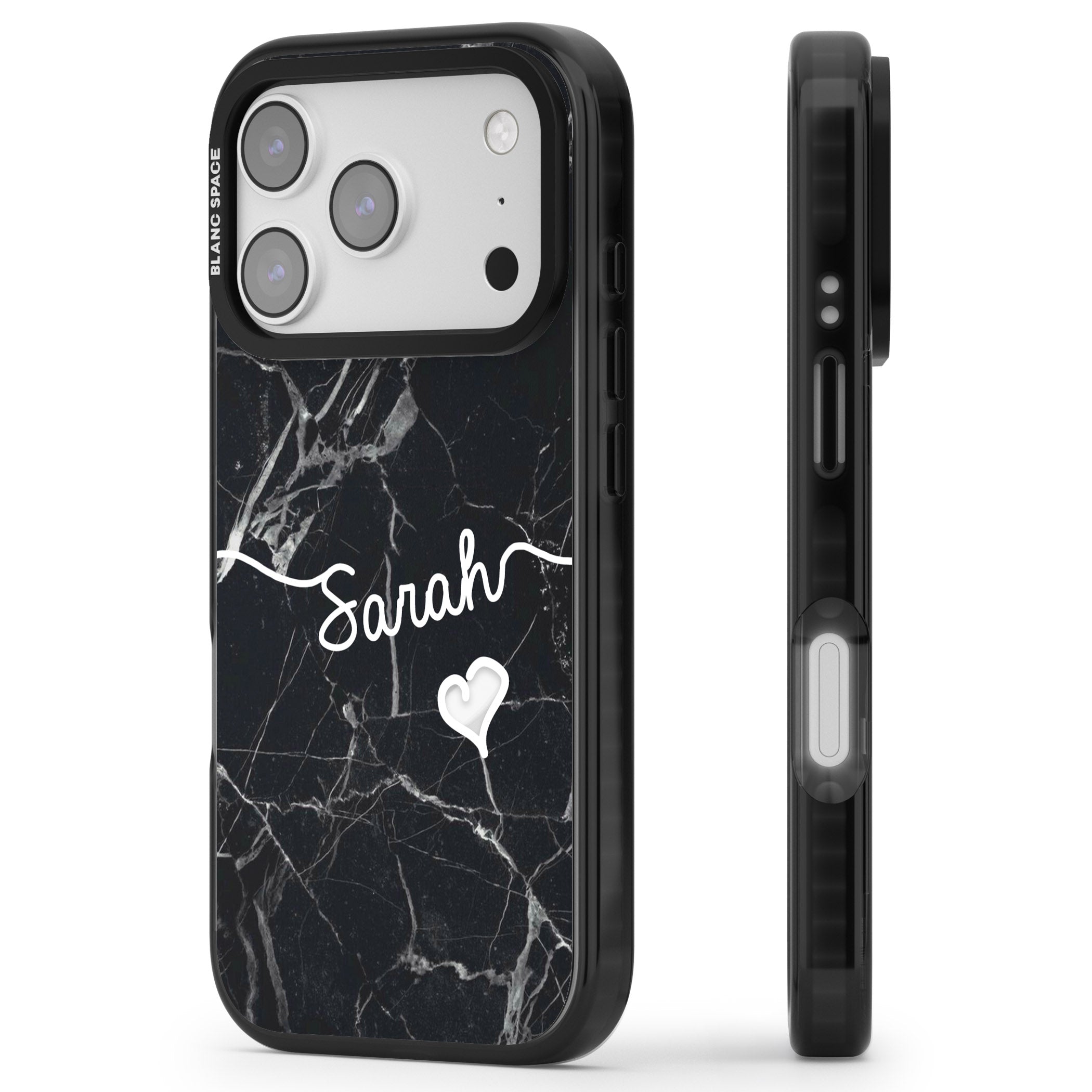 Personalised Black Marble Heart iPhone 17 Pro Impact Pro Black Phone Case Side Profile