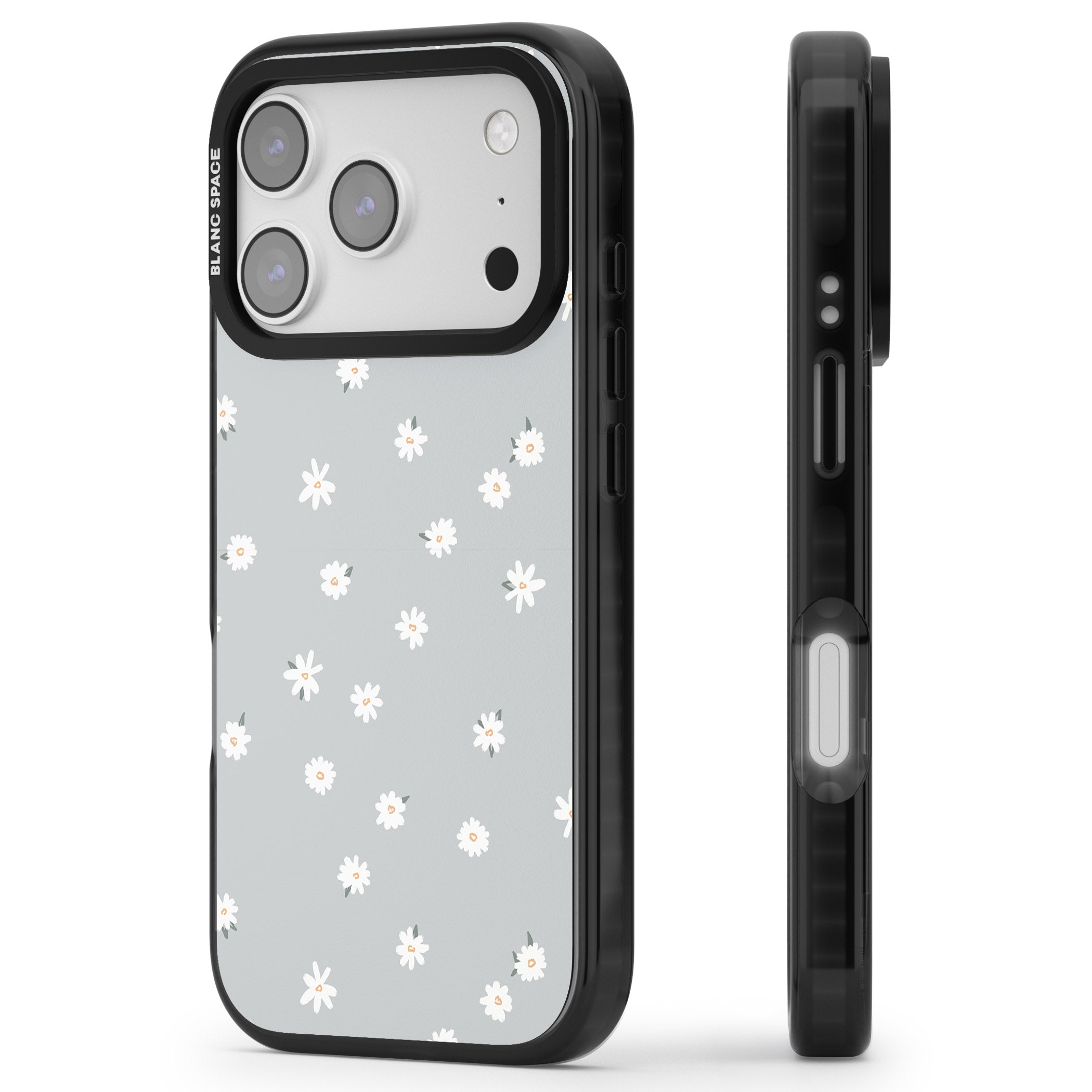 Painted Daisy Blue Grey iPhone 17 Pro Impact Pro Black Phone Case Side Profile