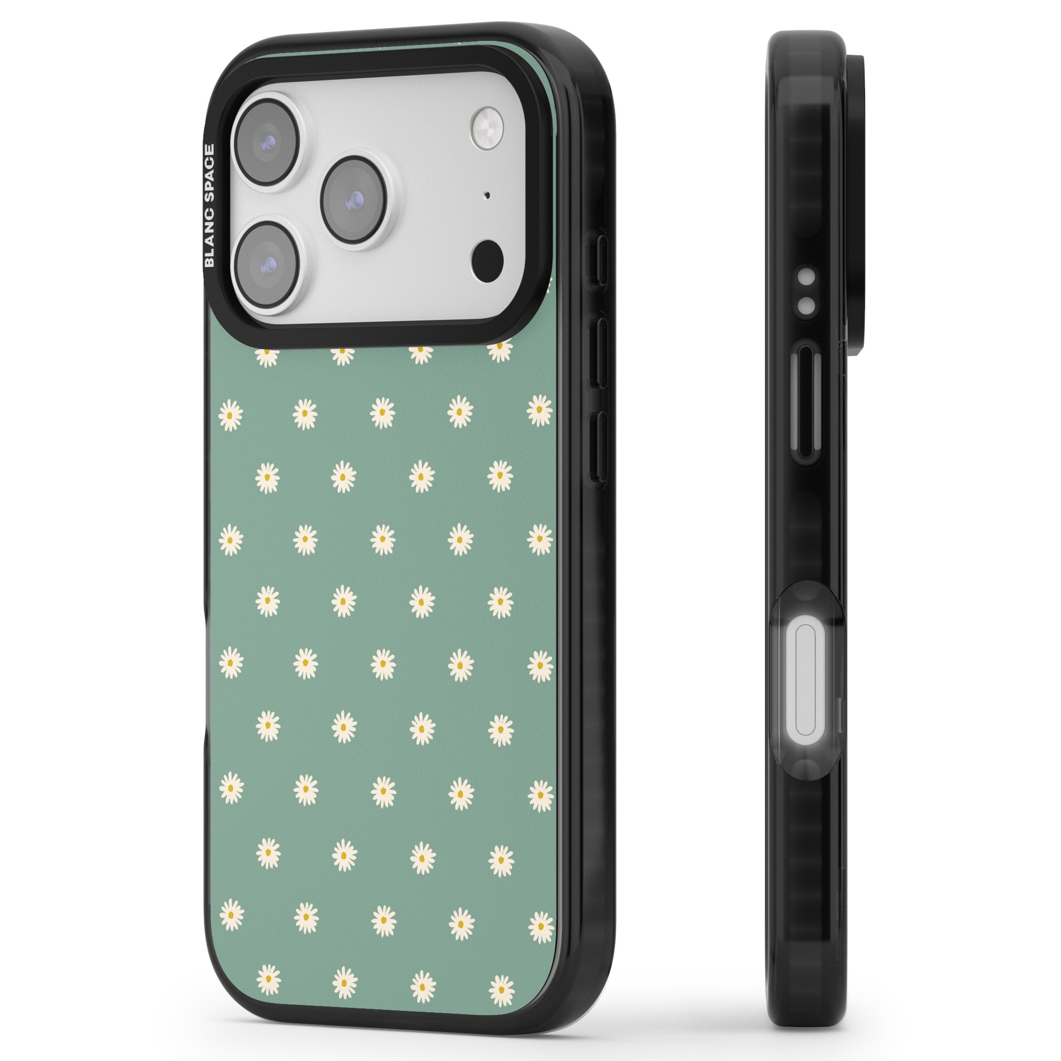 Sage Daisy Floral iPhone 17 Pro Impact Pro Black Phone Case Side Profile