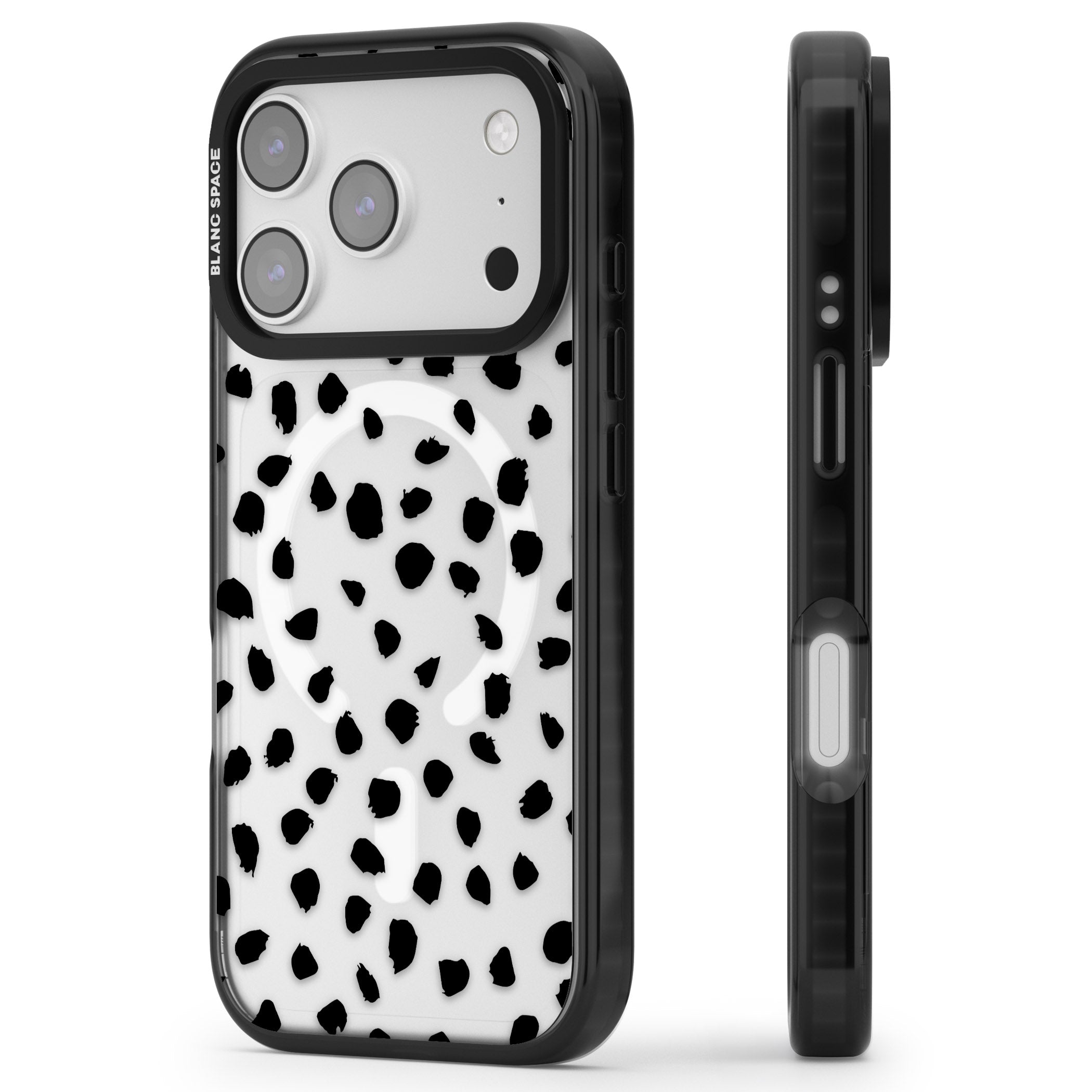 Black Dalmatian Polka Dot iPhone 17 Pro Impact Pro Black Phone Case Side Profile