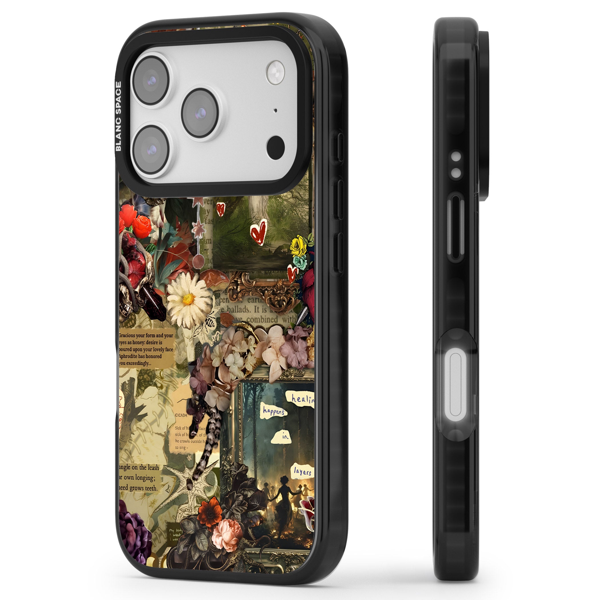 Textbook Romance Collage iPhone 17 Pro Impact Pro Black Phone Case Side Profile