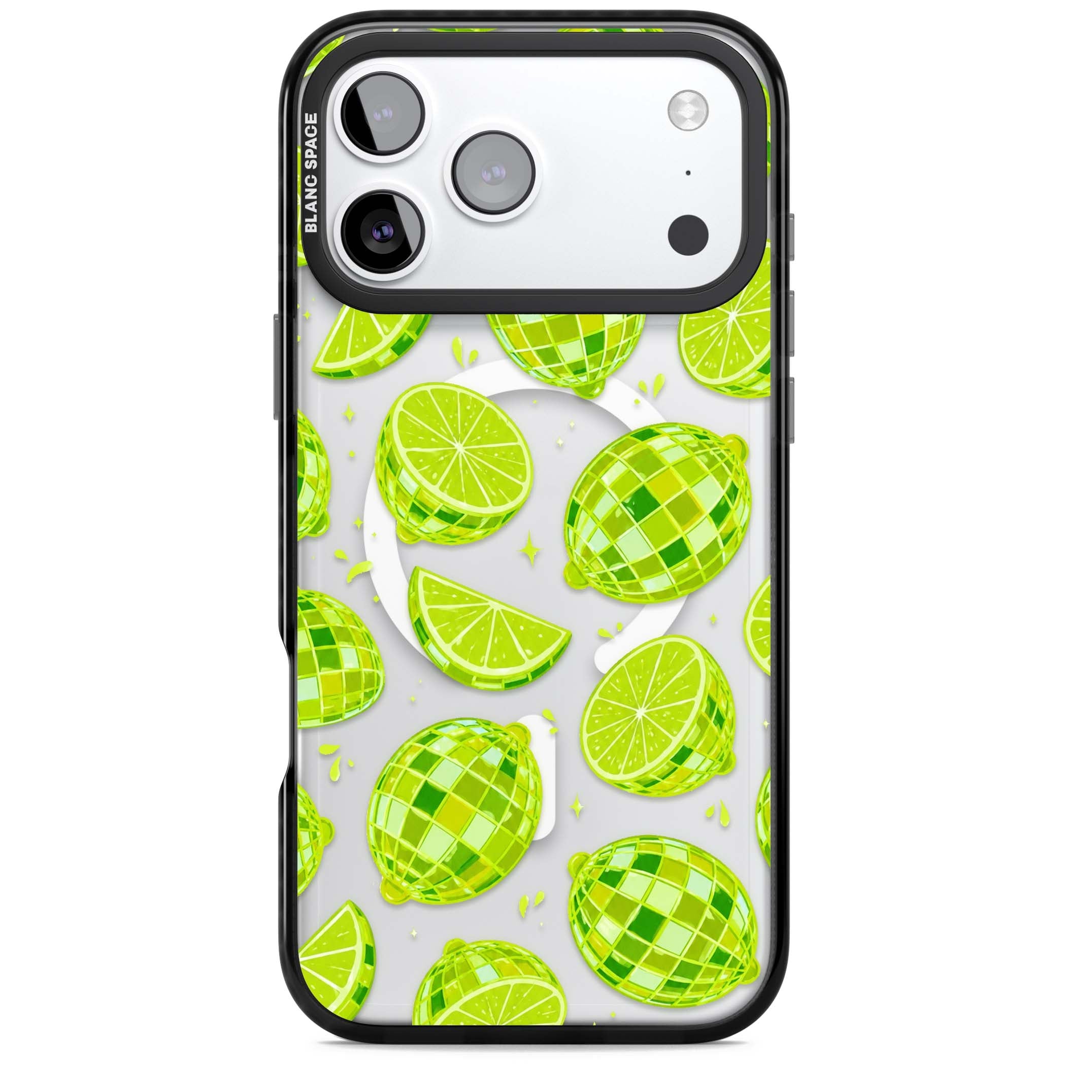Disco Limes fruit aesthetic iPhone case featuring green disco balls, lime slices and citrus sparkles | Black Impact Magsafe case for iPhone 17 Pro, iPhone 17 Pro Max