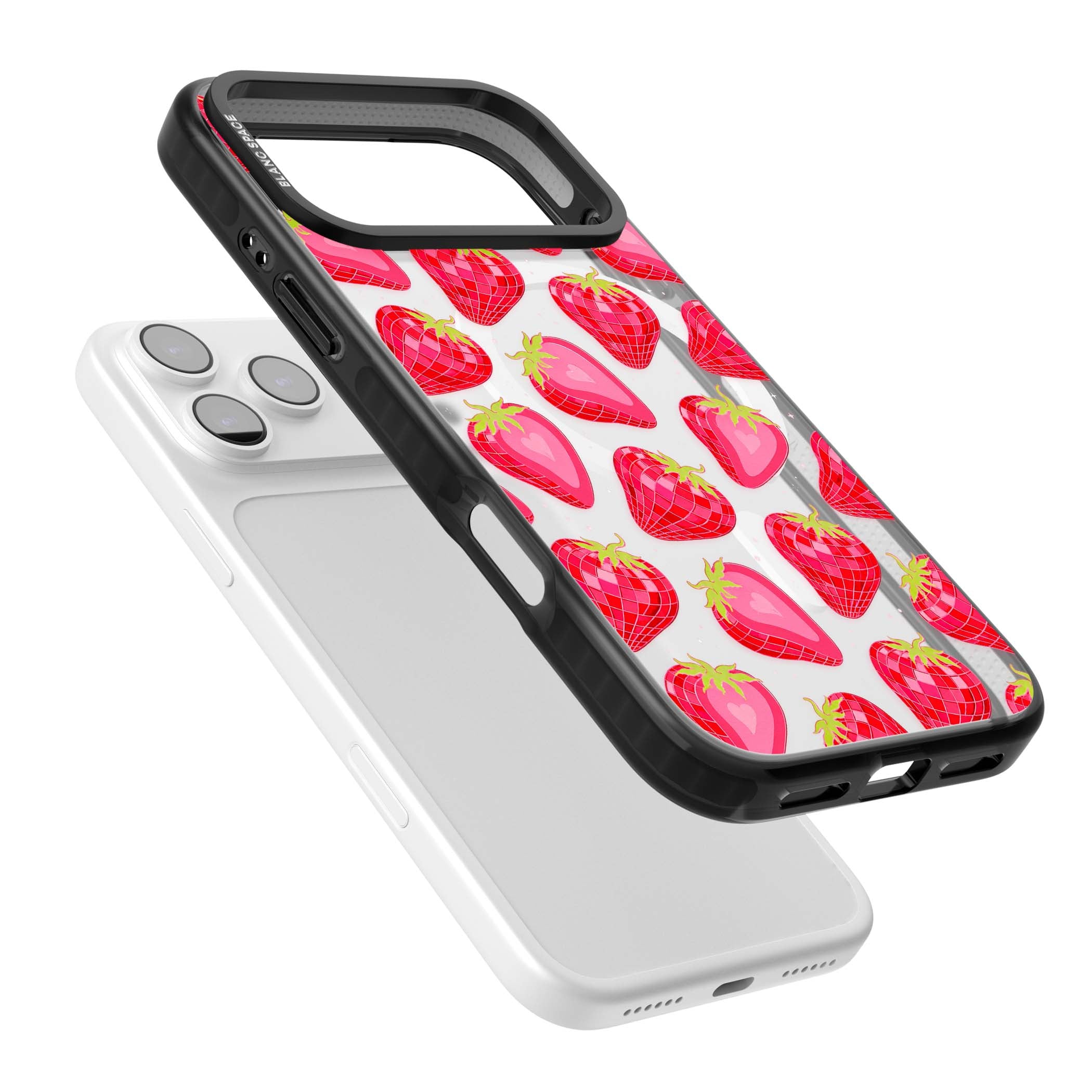Disco Strawberry Y2K iPhone case featuring pink disco-ball strawberries, green leaves and tiny sparkles | Black Impact Magsafe case for iPhone 17 Pro, iPhone 17 Pro Max
