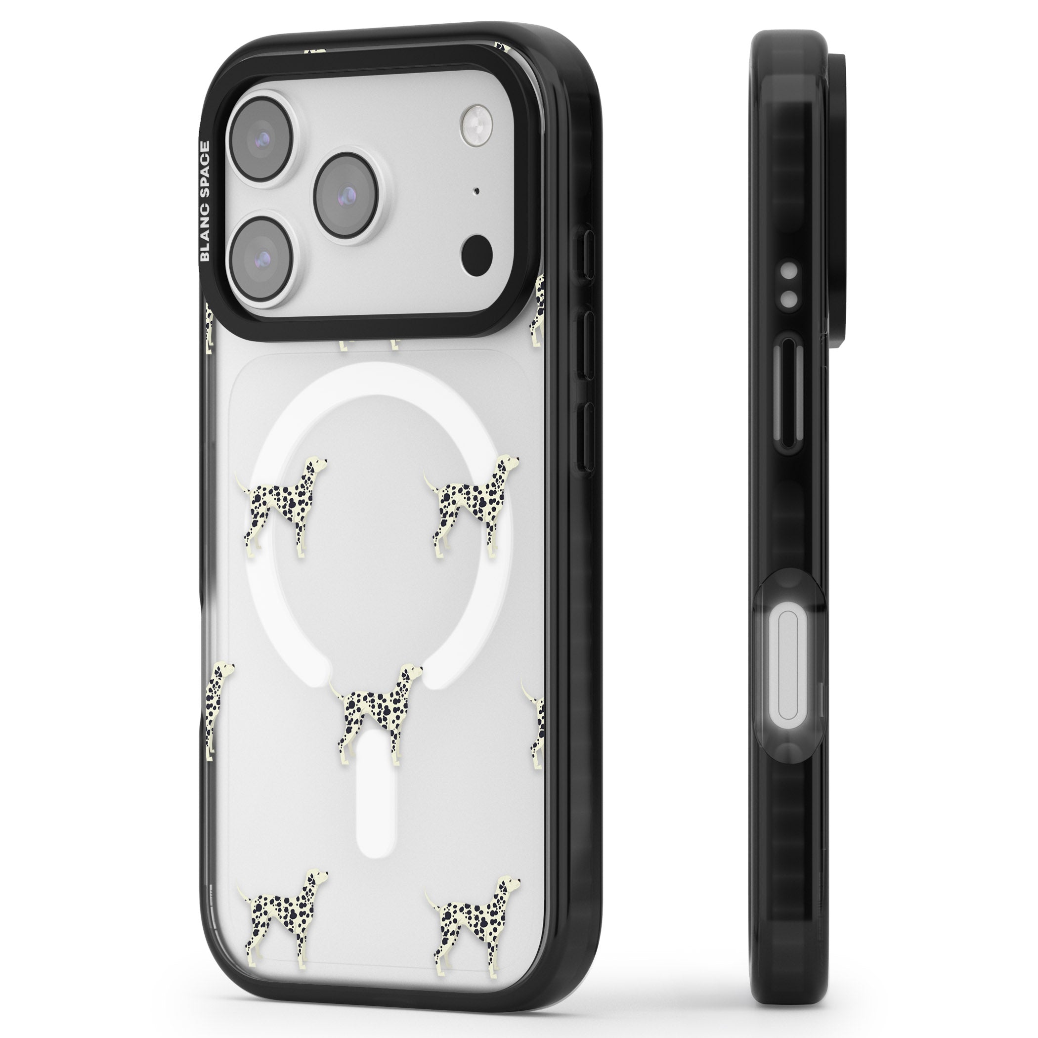Dalmatian Dog Pattern iPhone 17 Pro Impact Pro Black Phone Case Side Profile